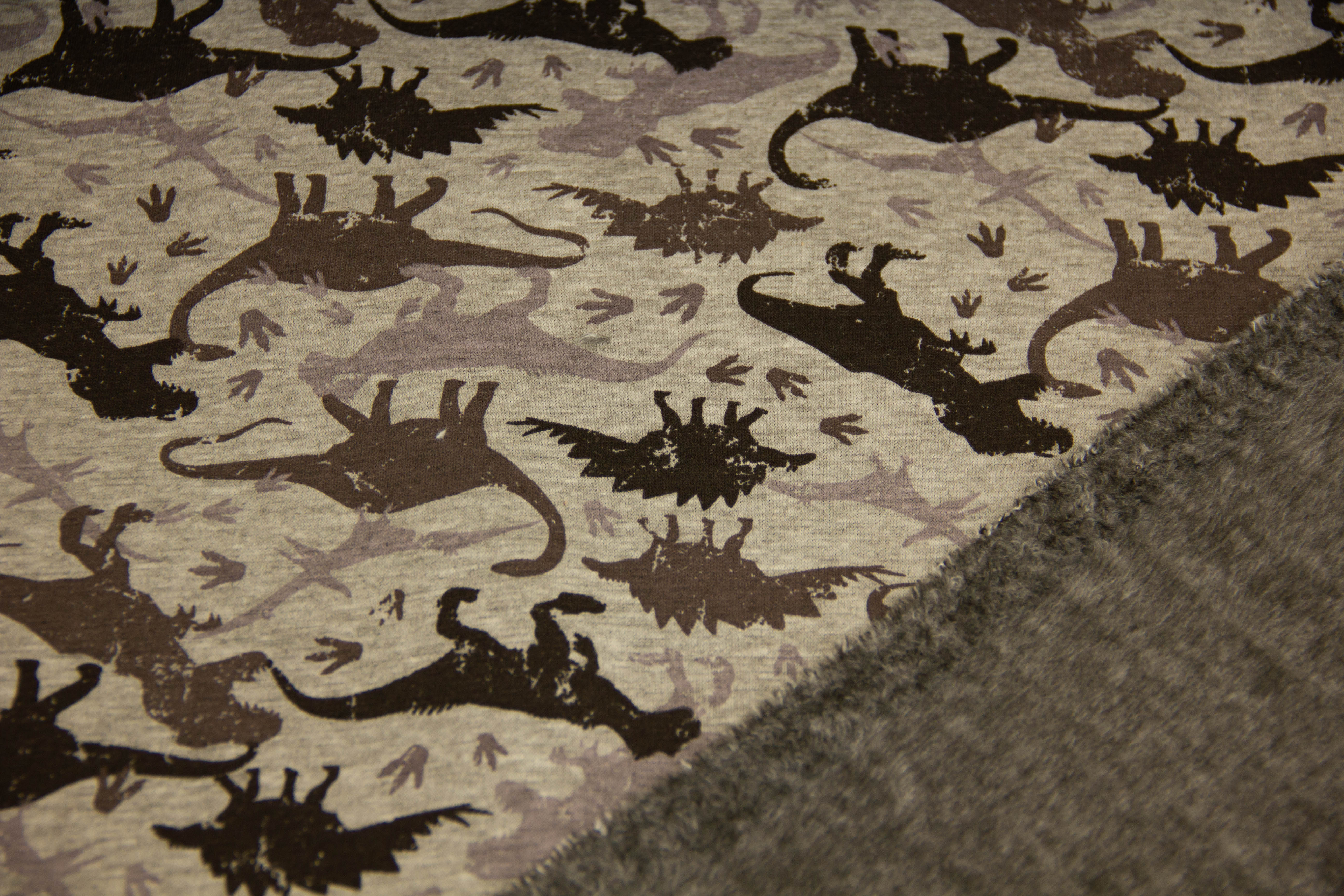 Alpenfleece mit Dinosauriern, meliert, grau, 0,5 m