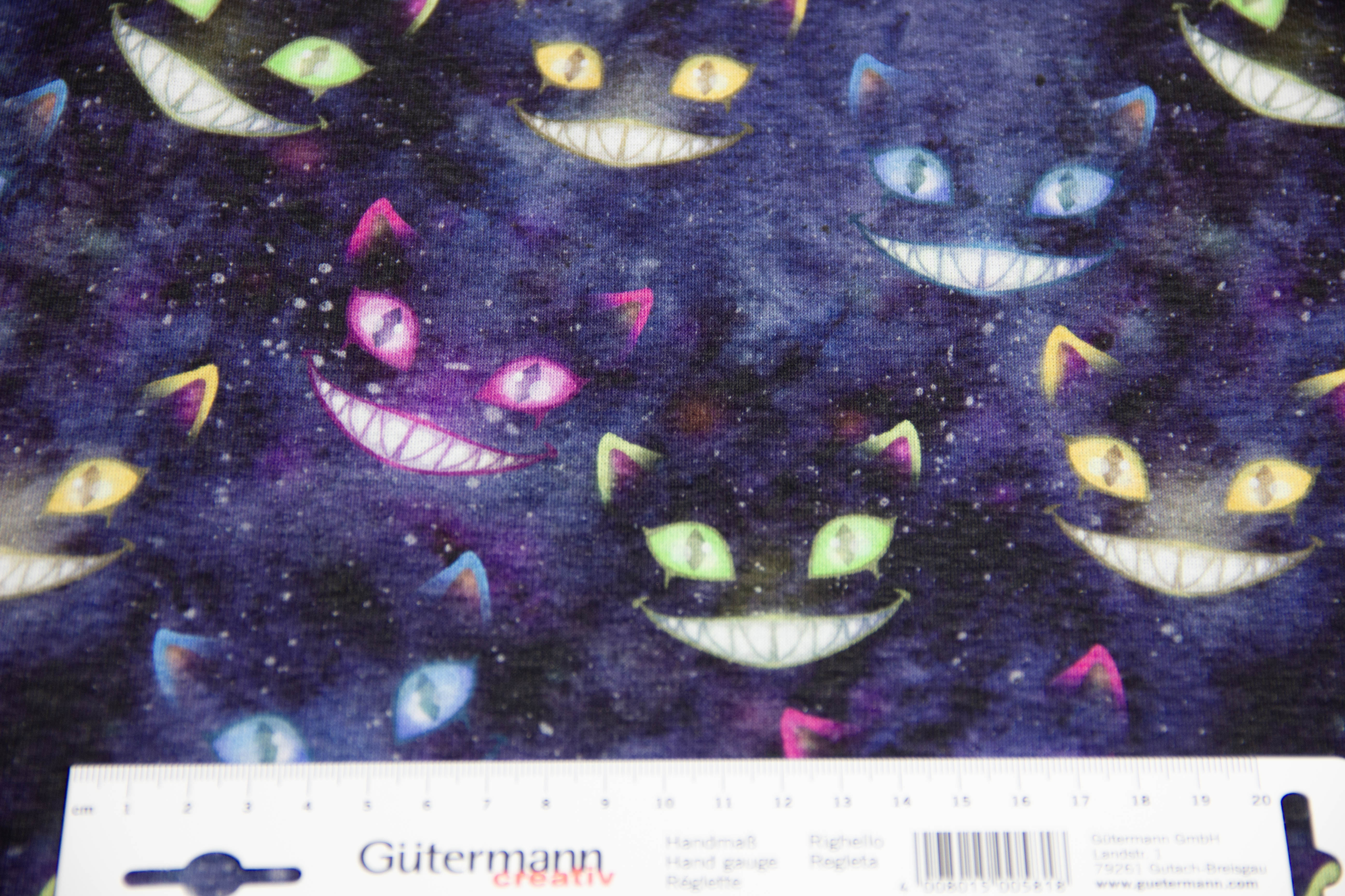 Restmenge 31 cm Alpenfleece mit Katzen, Grinsekatze, blau