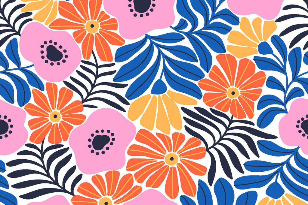 Baumwolle, Popeline mit Blumen, royalblau, 0,5 m
