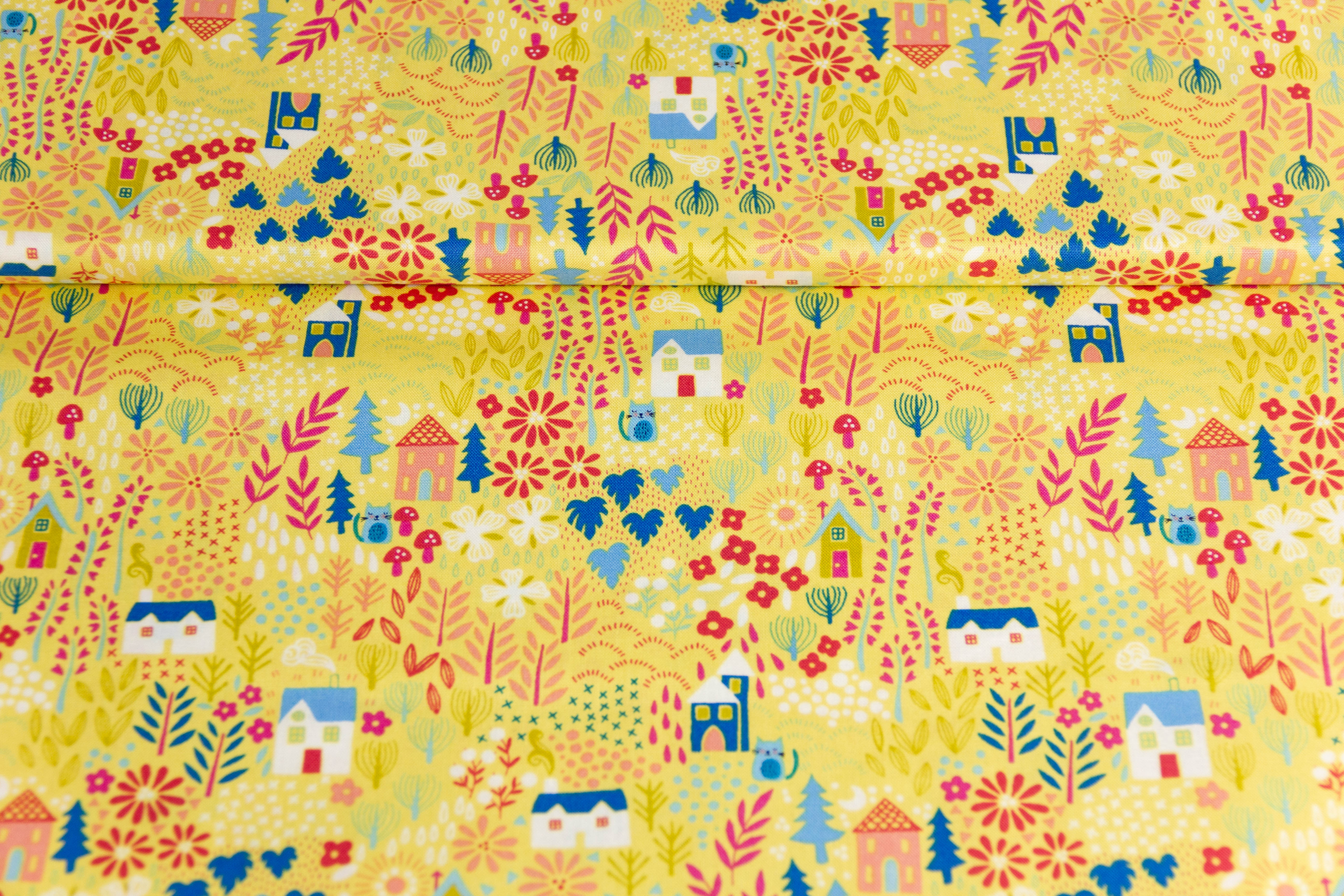 Baumwollwebware, Quilting Stoff mit Häusern und Katzen von Makower UK, 0,5 m