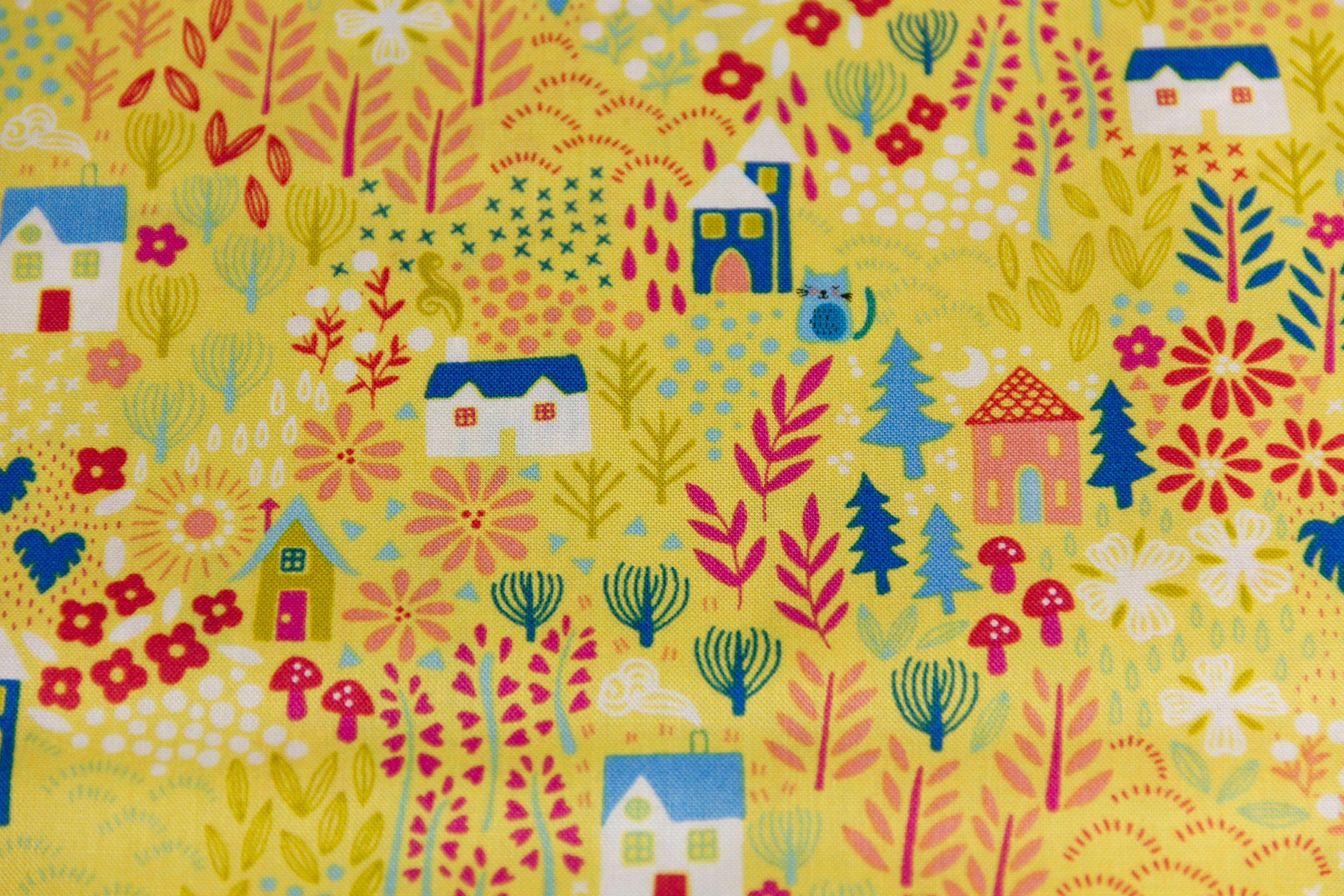 Baumwollwebware, Quilting Stoff mit Häusern und Katzen von Makower UK, 0,5 m
