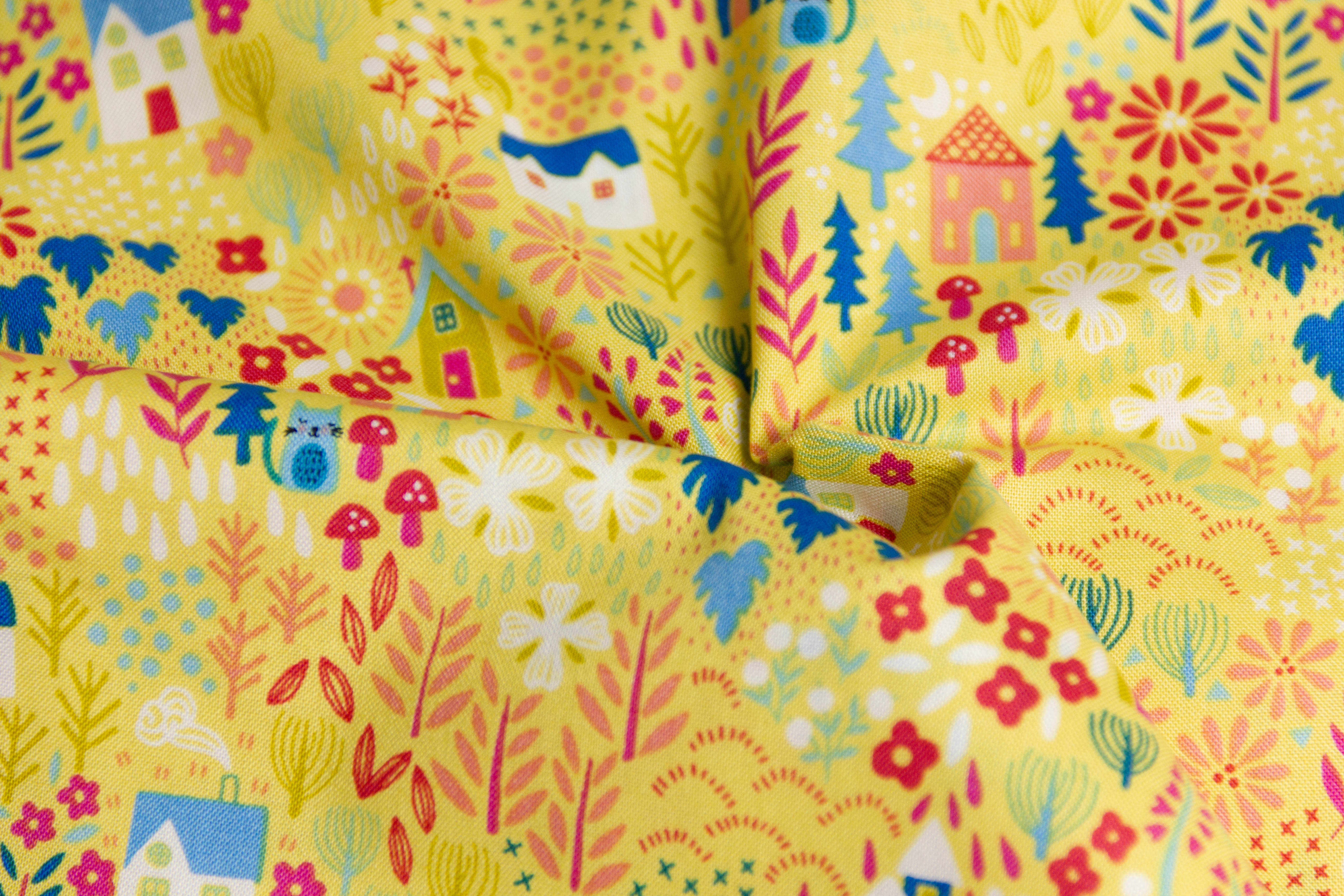 Baumwollwebware, Quilting Stoff mit Häusern und Katzen von Makower UK, 0,5 m