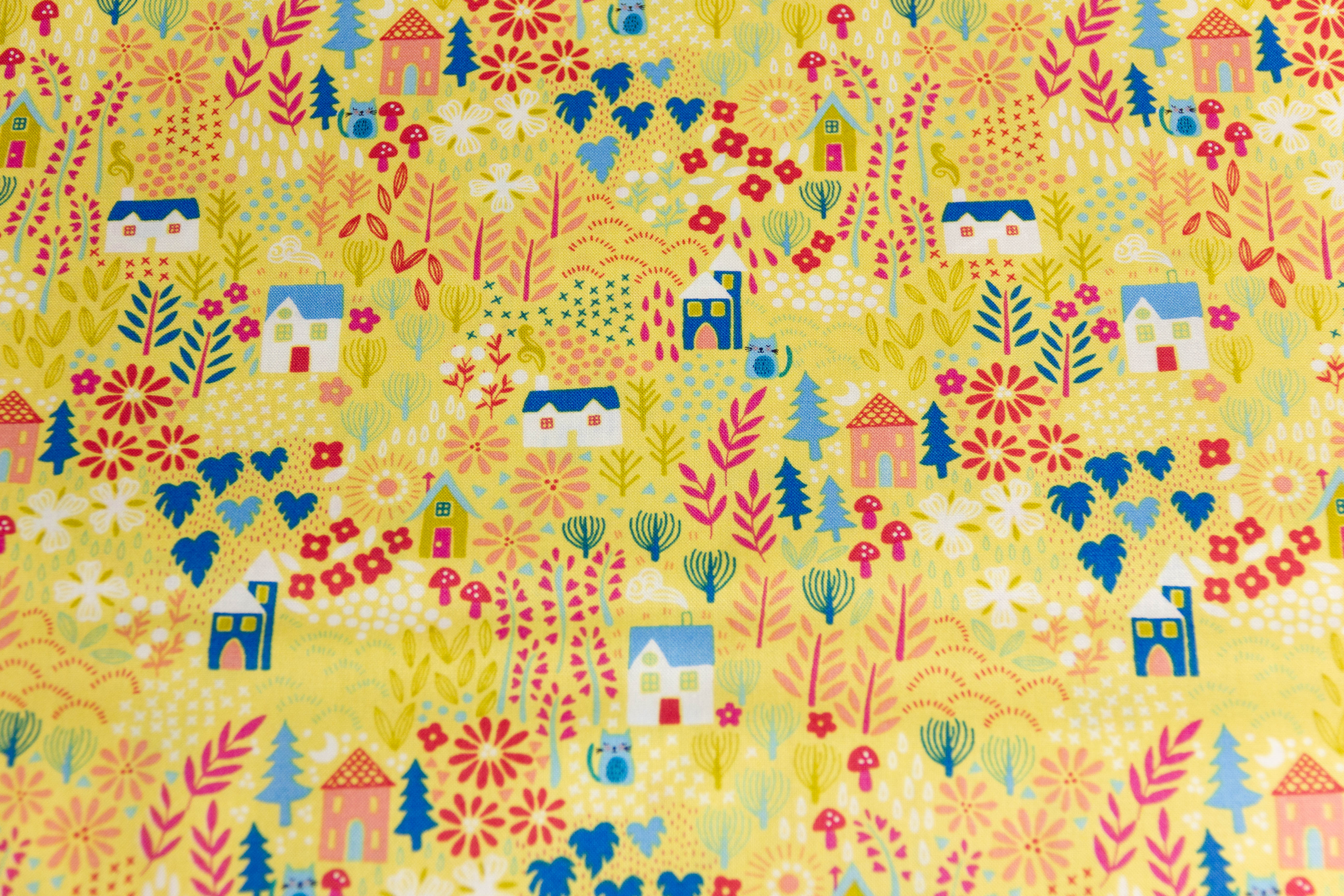 Baumwollwebware, Quilting Stoff mit Häusern und Katzen von Makower UK, 0,5 m