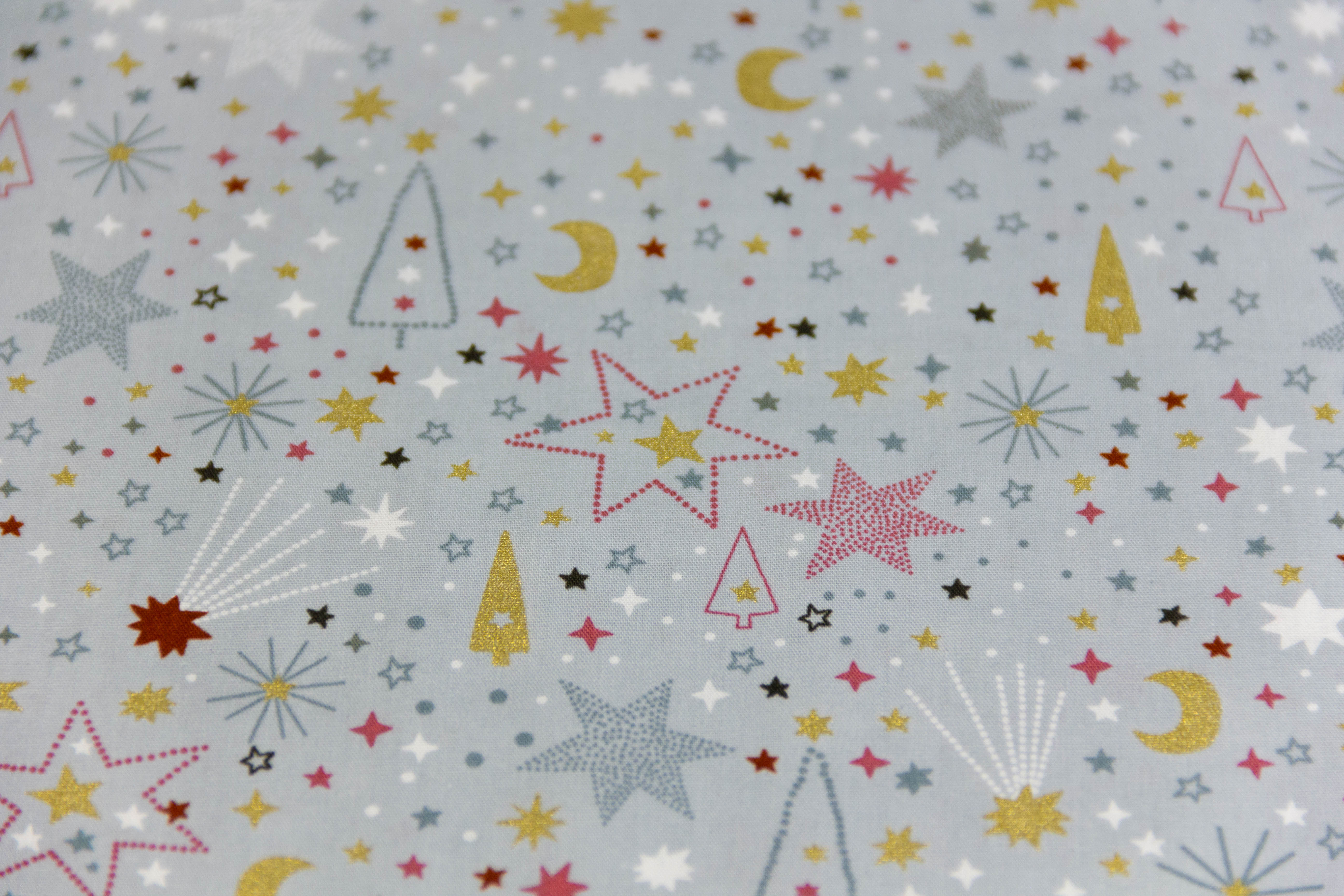 Baumwollwebware Mond und Sterne, Weihnachten, grau, 0,5 m