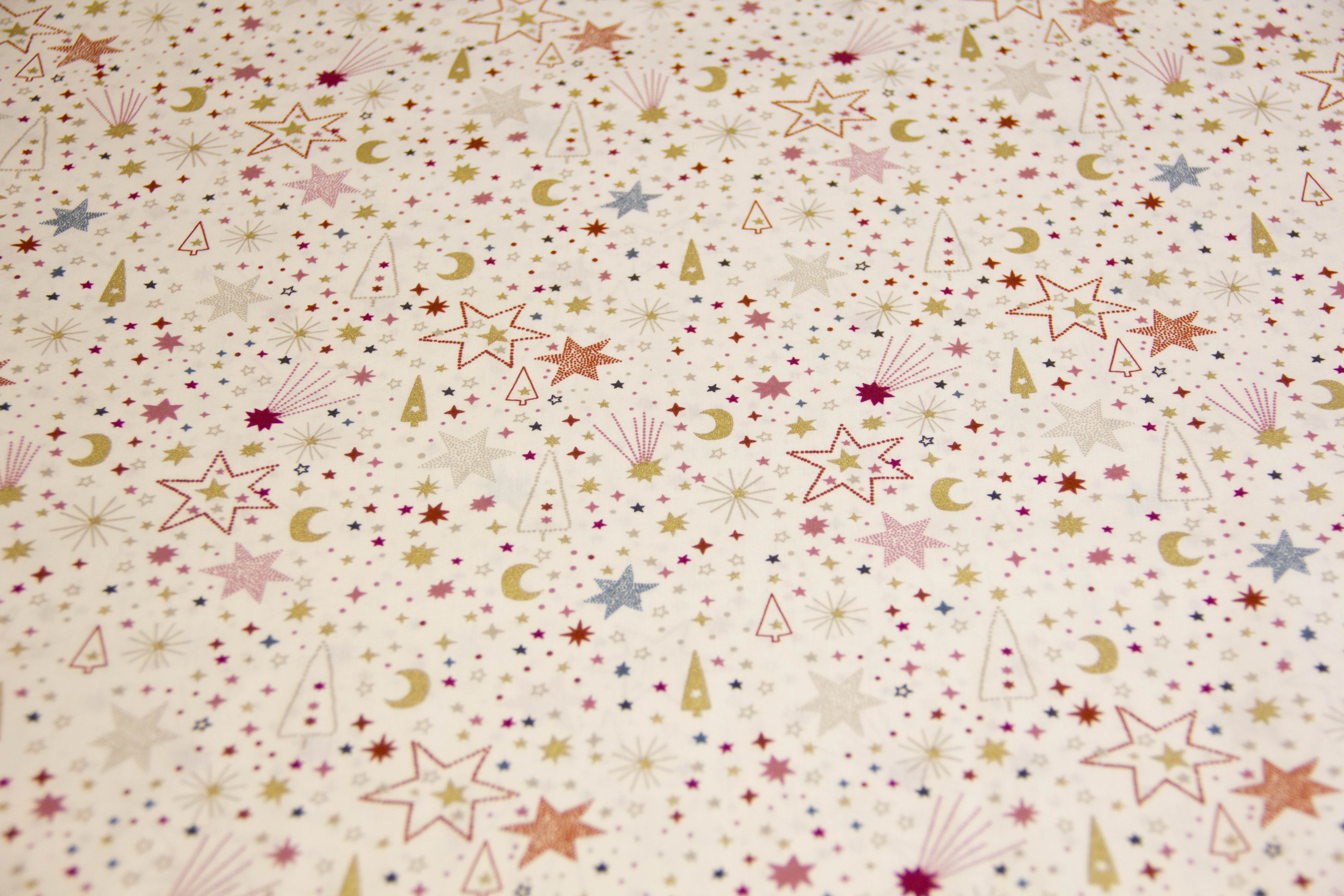 Baumwollwebware Mond und Sterne, Weihnachten, hellbeige, 0,5 m