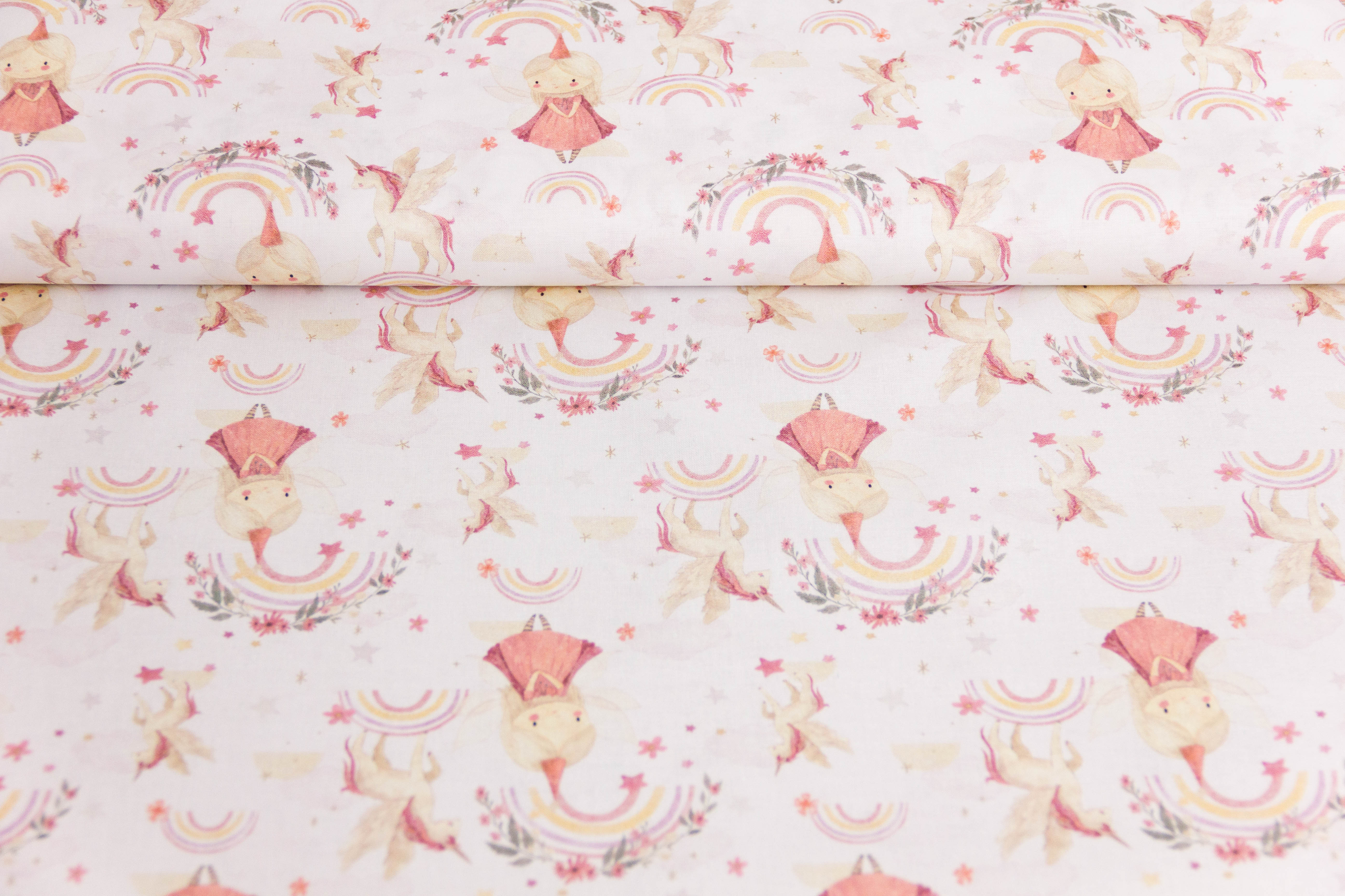 Baumwolle, Popeline, Prinzessin, Regenbogen, Einhorn, weiß, 0,5 m