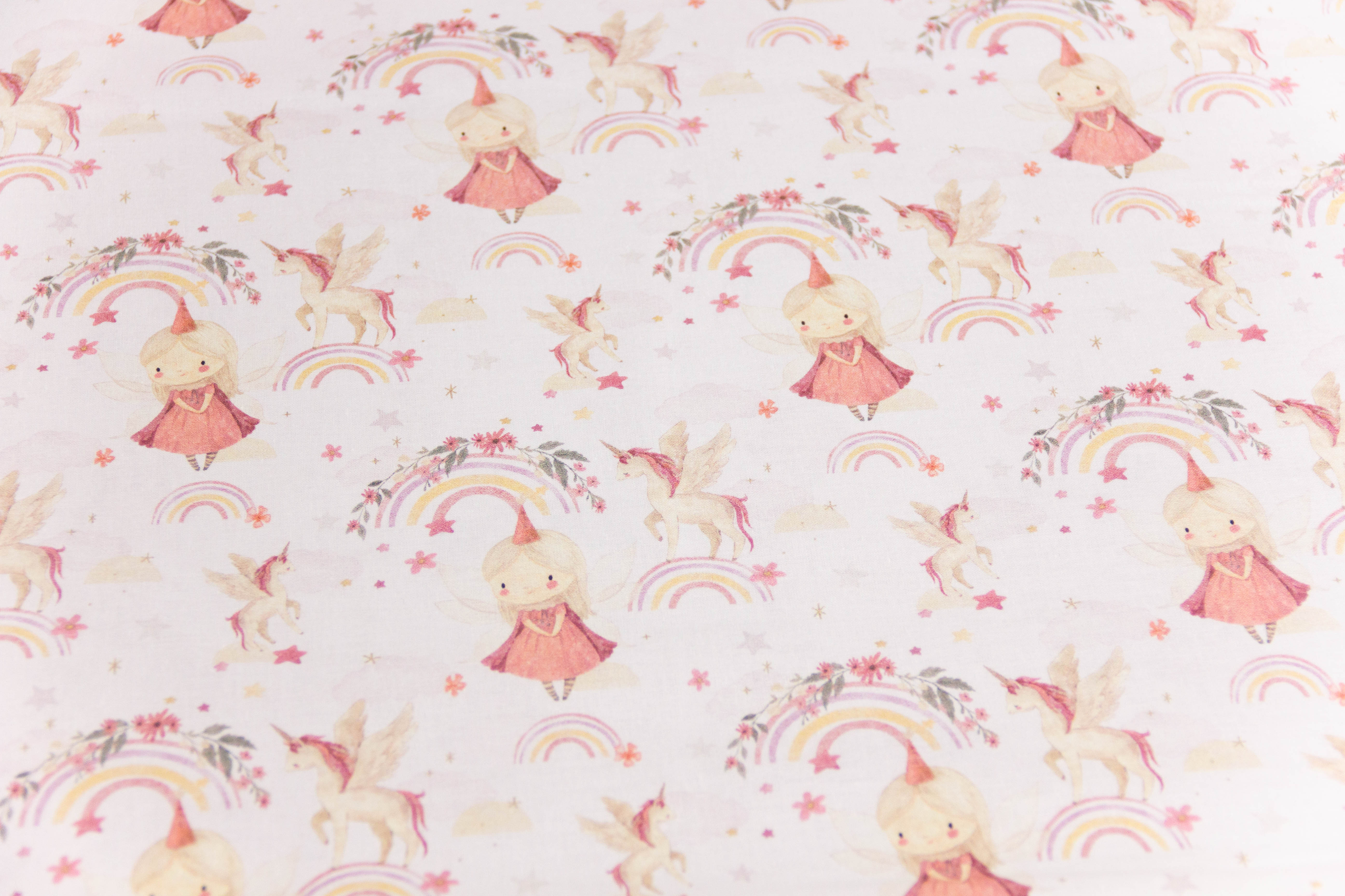 Baumwolle, Popeline, Prinzessin, Regenbogen, Einhorn, weiß, 0,5 m
