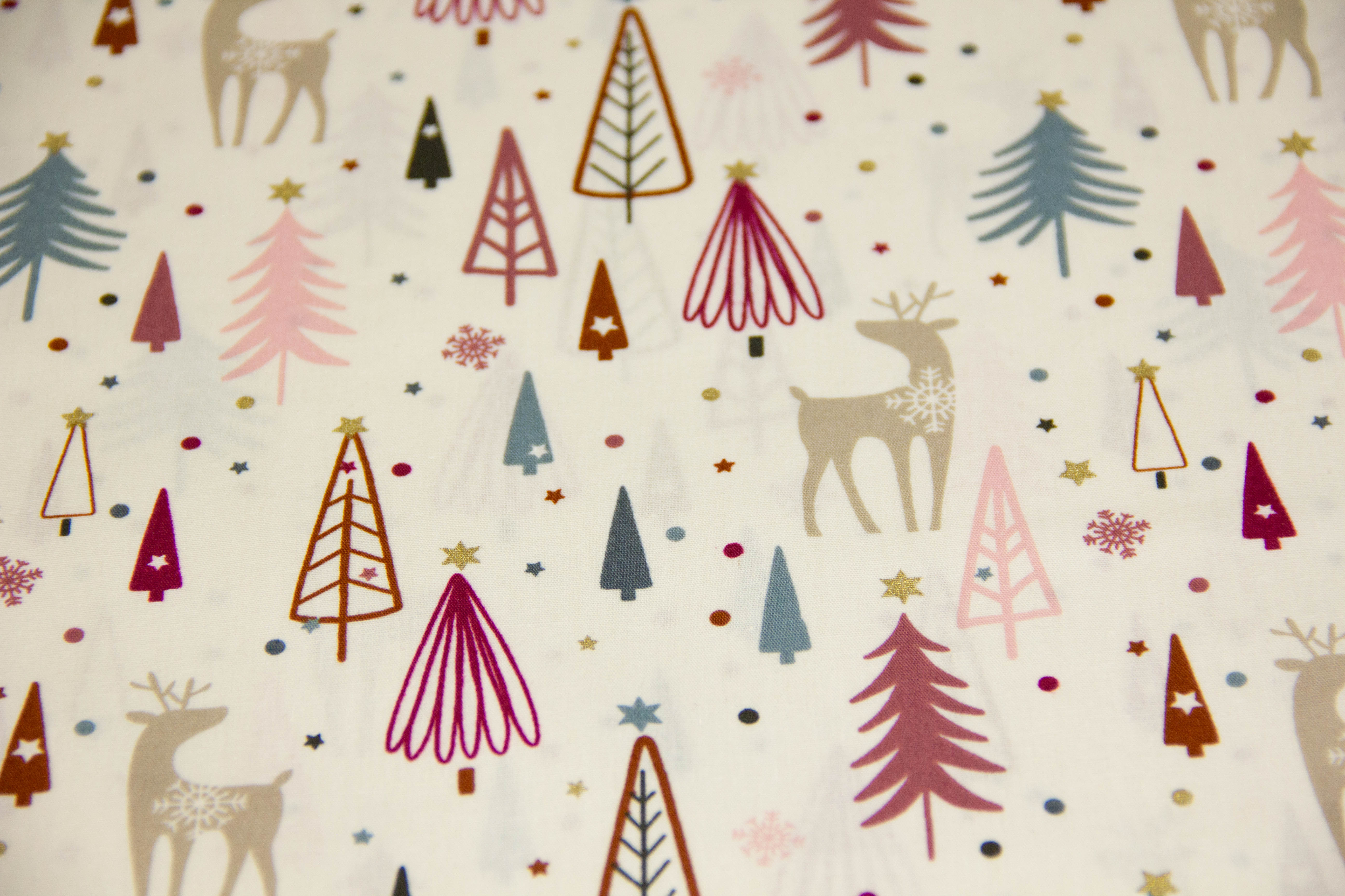 Baumwollwebware mit Rentieren, Weihnachten, hellbeige, 0,5 m