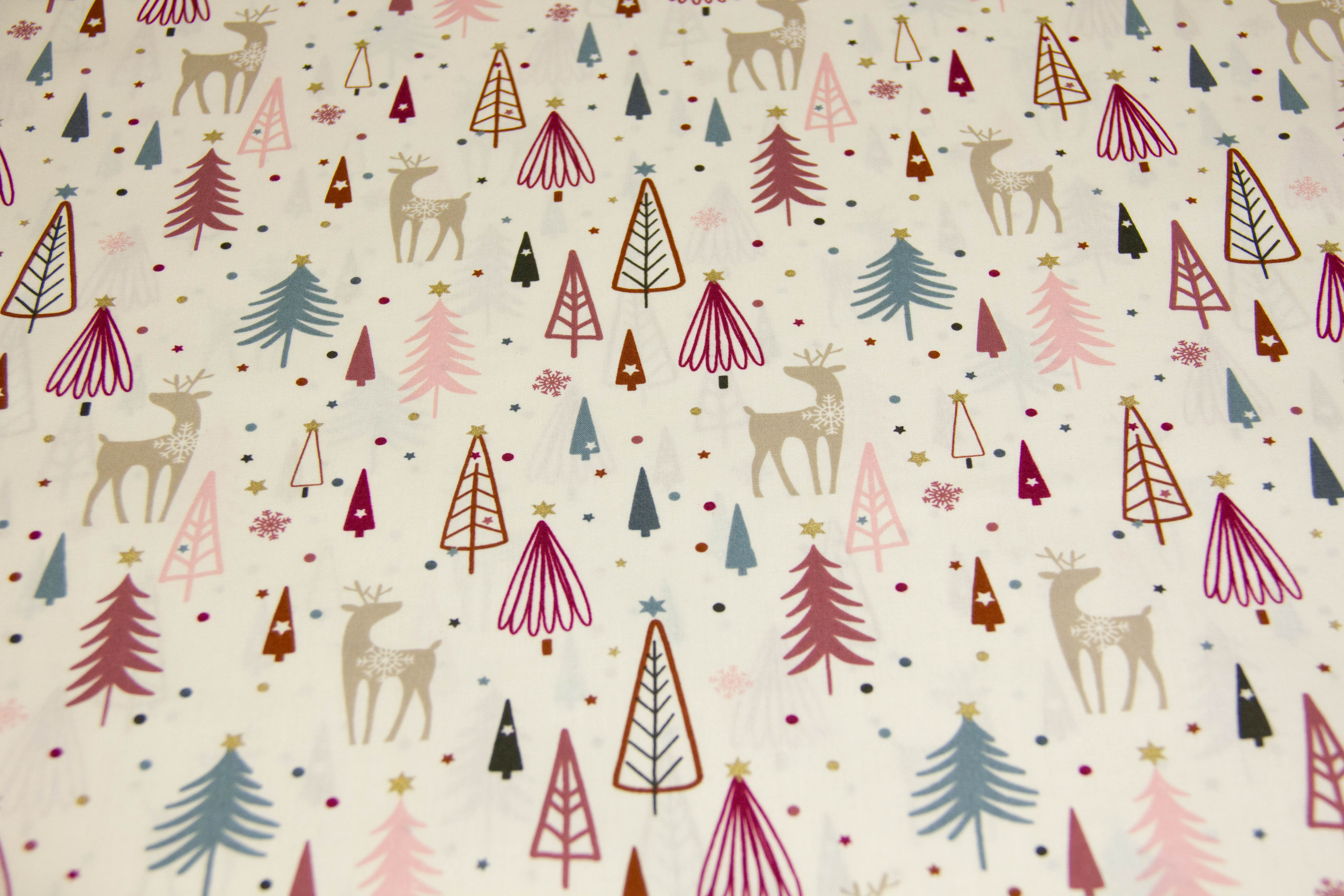 Baumwollwebware mit Rentieren, Weihnachten, hellbeige, 0,5 m