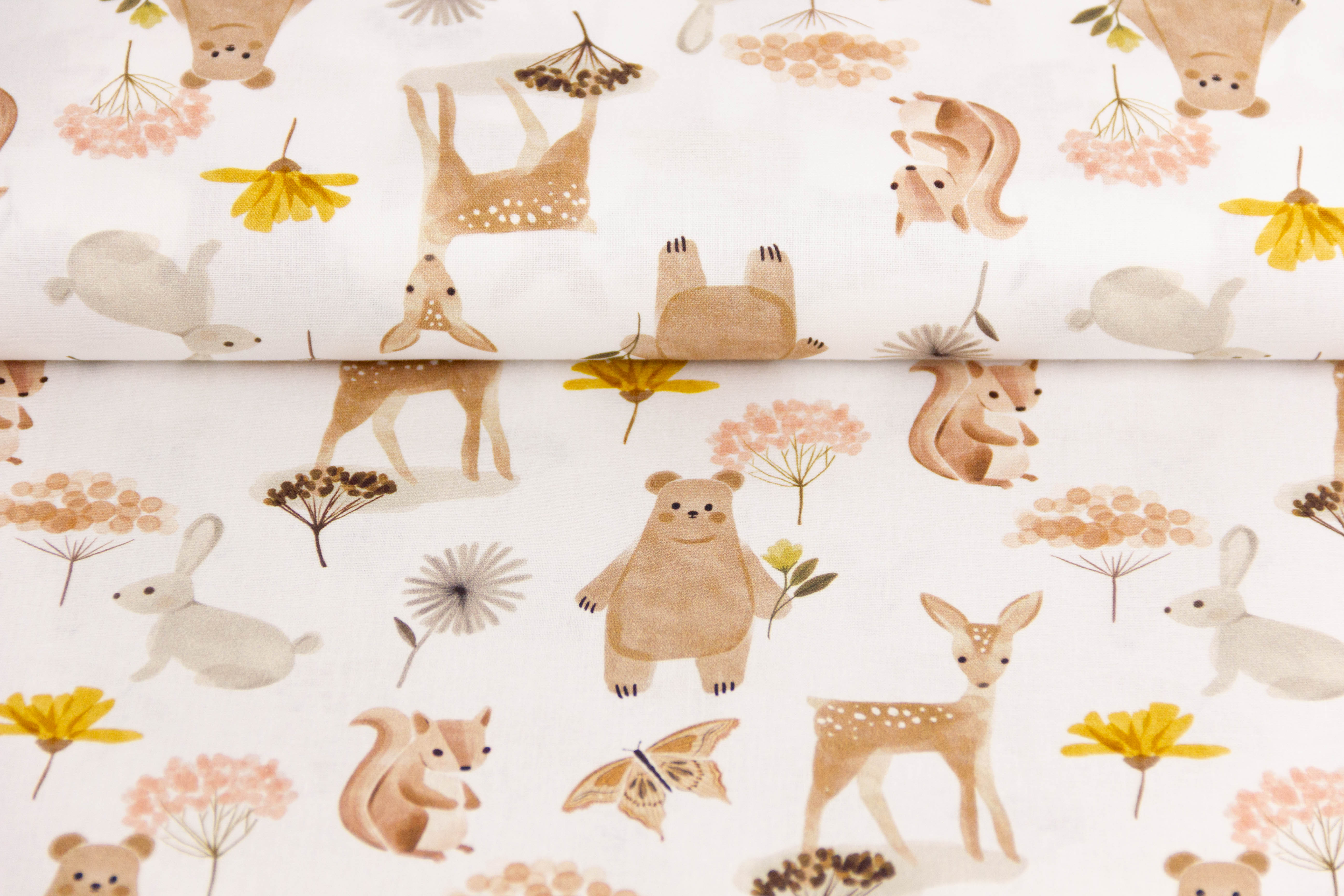Baumwolle, Popeline, Waldtiere, Rehe, Bären, weiß, 0,5 m