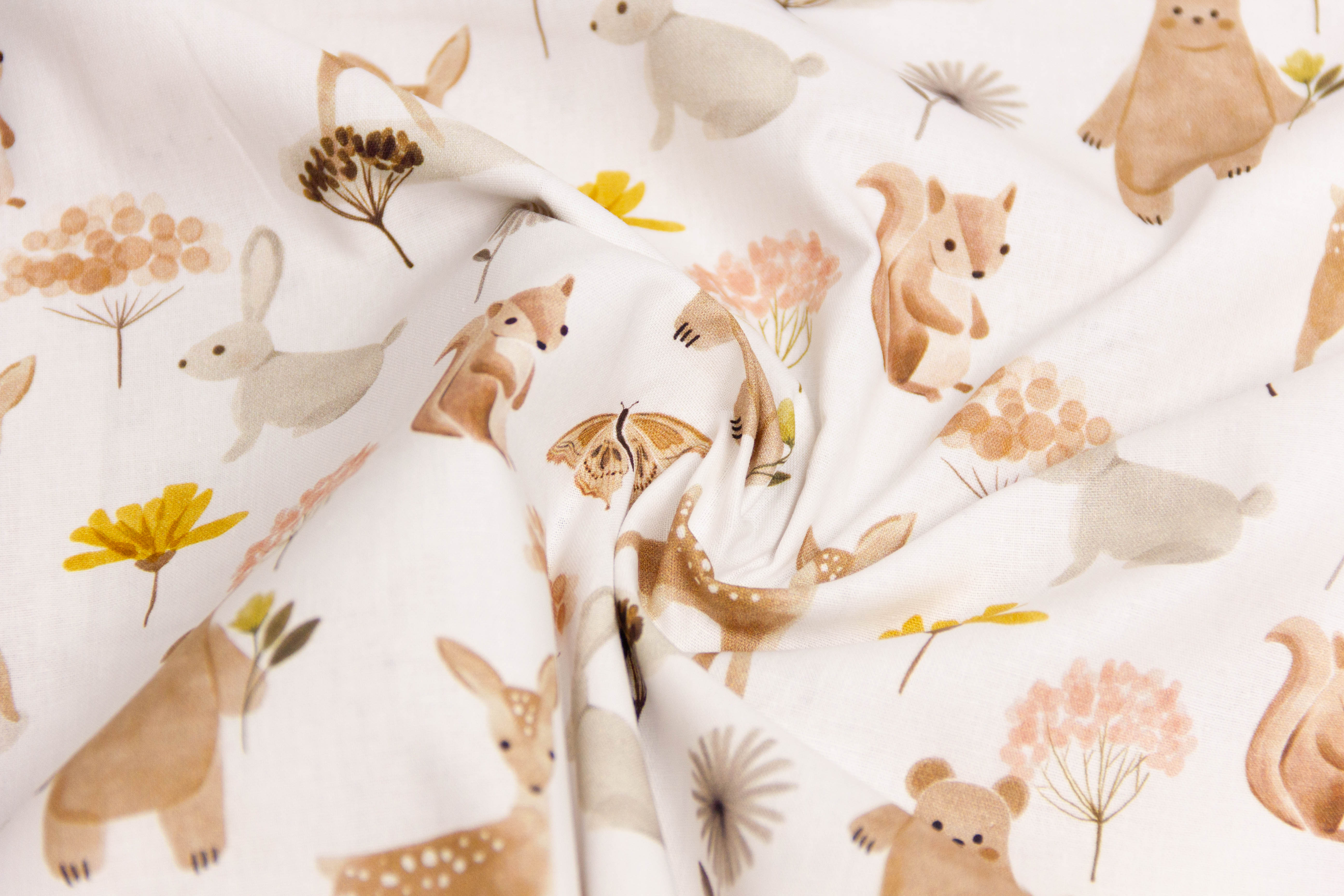 Baumwolle, Popeline, Waldtiere, Rehe, Bären, weiß, 0,5 m