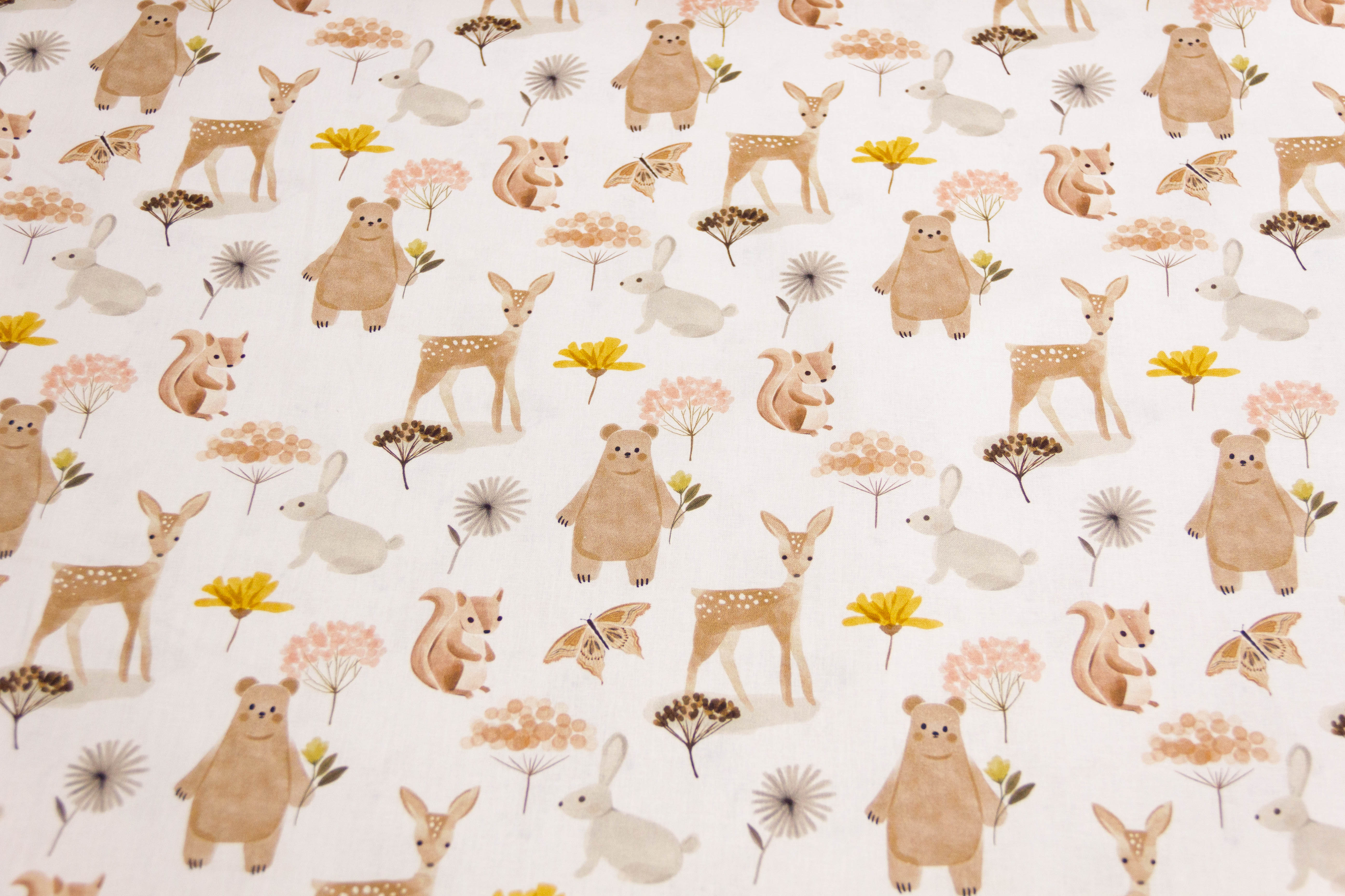 Baumwolle, Popeline, Waldtiere, Rehe, Bären, weiß, 0,5 m