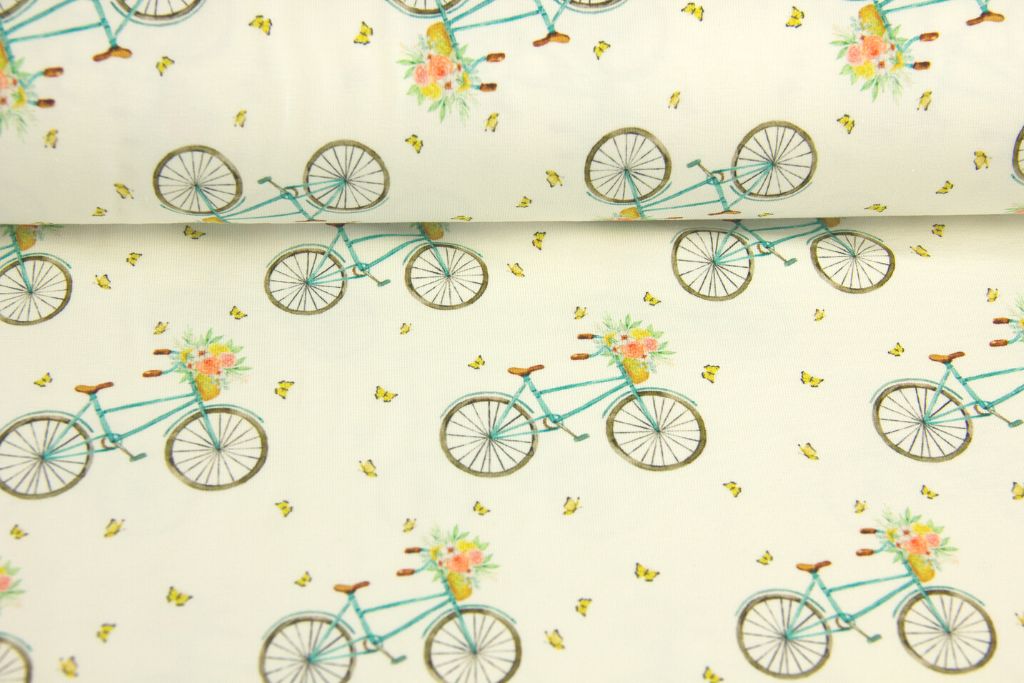 Restmenge 1 Meter Jersey mit Fahrrädern und Blumen