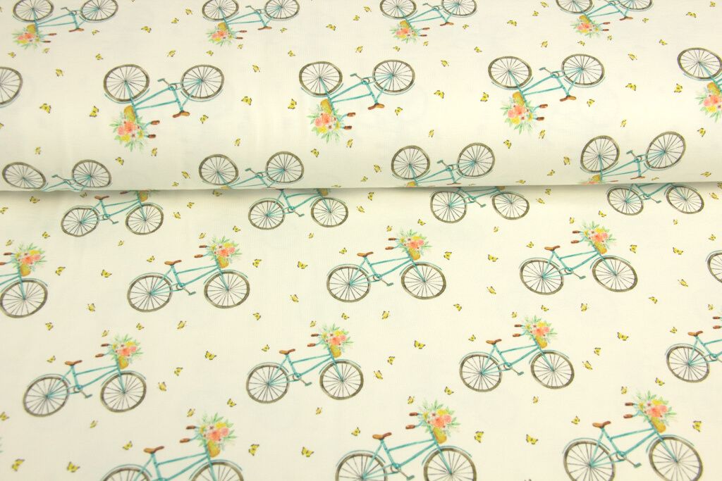 Restmenge 1 Meter Jersey mit Fahrrädern und Blumen