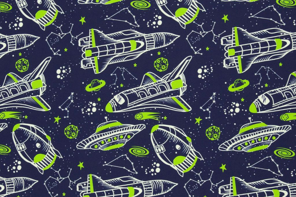NANO-Softshell "Fiete" mit Raketen und UFOs, Swafing, dunkelblau, grün, 0,5 m