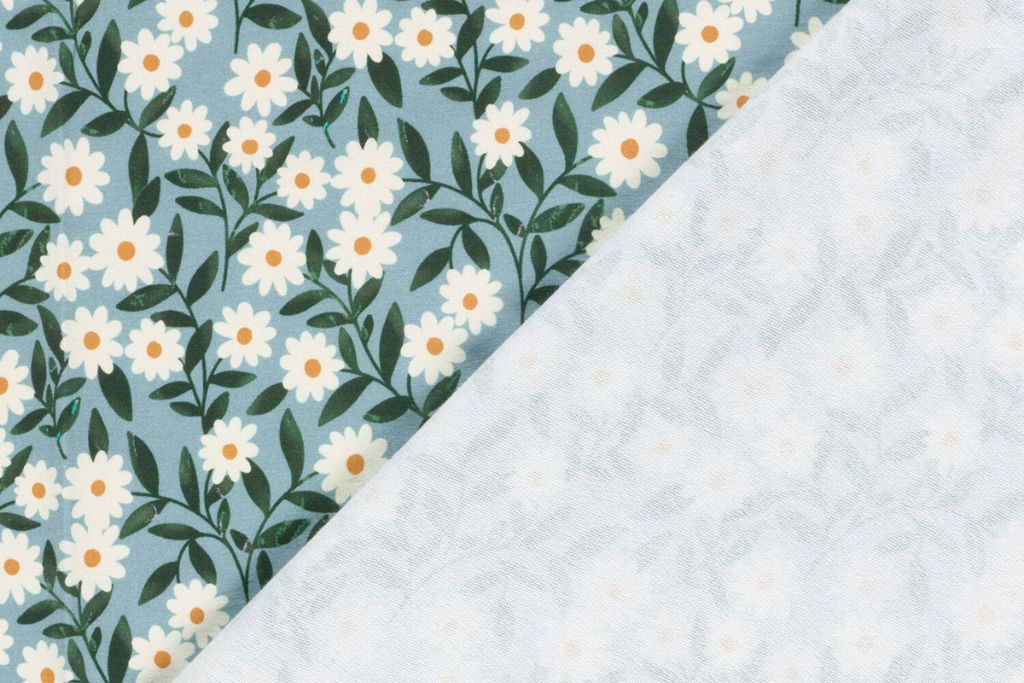 French Terry mit Blumen, Gänseblümchen, blau, 0,5 m