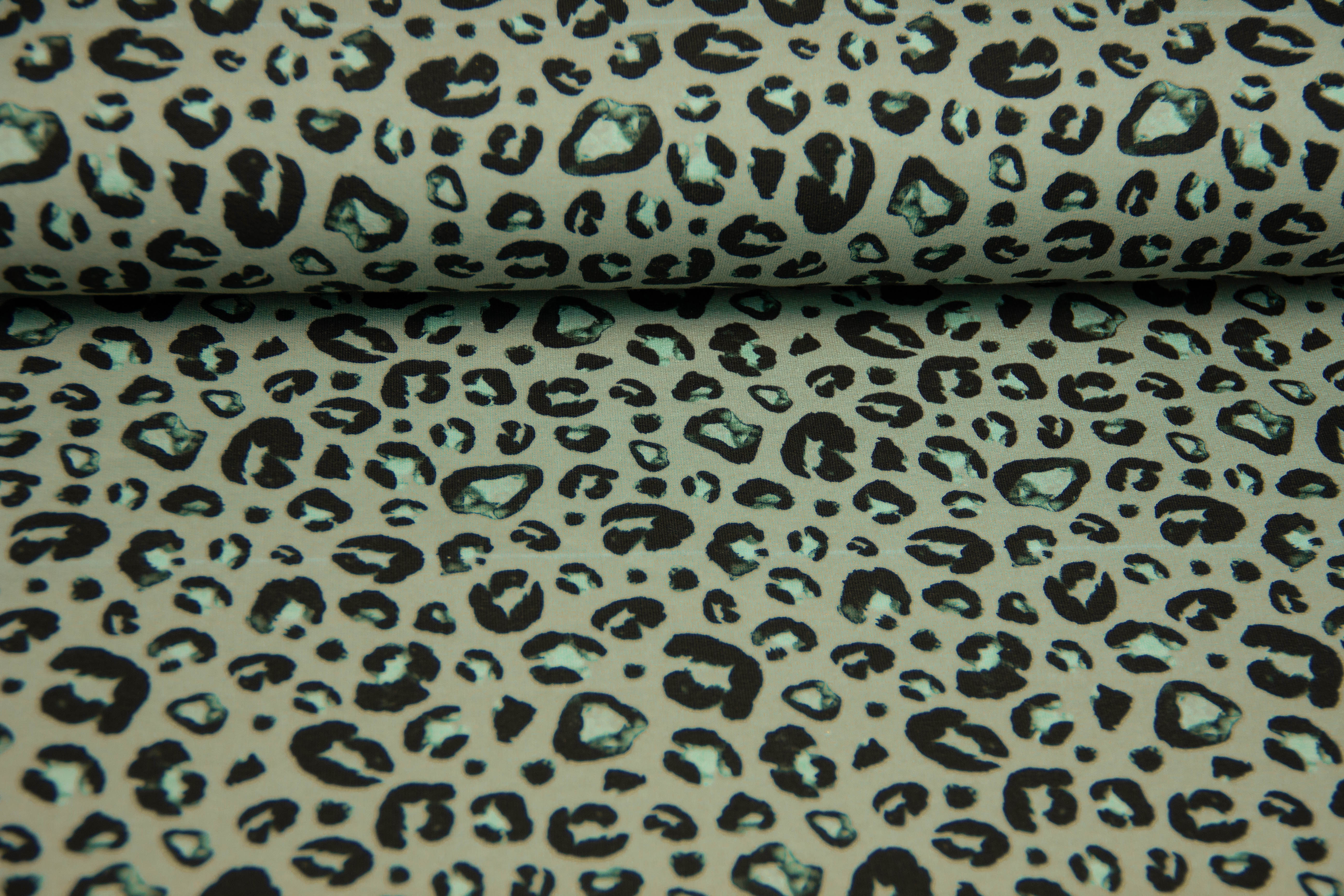 B-Ware 50 cm French Terry Leoprint, smaragd, schwarz