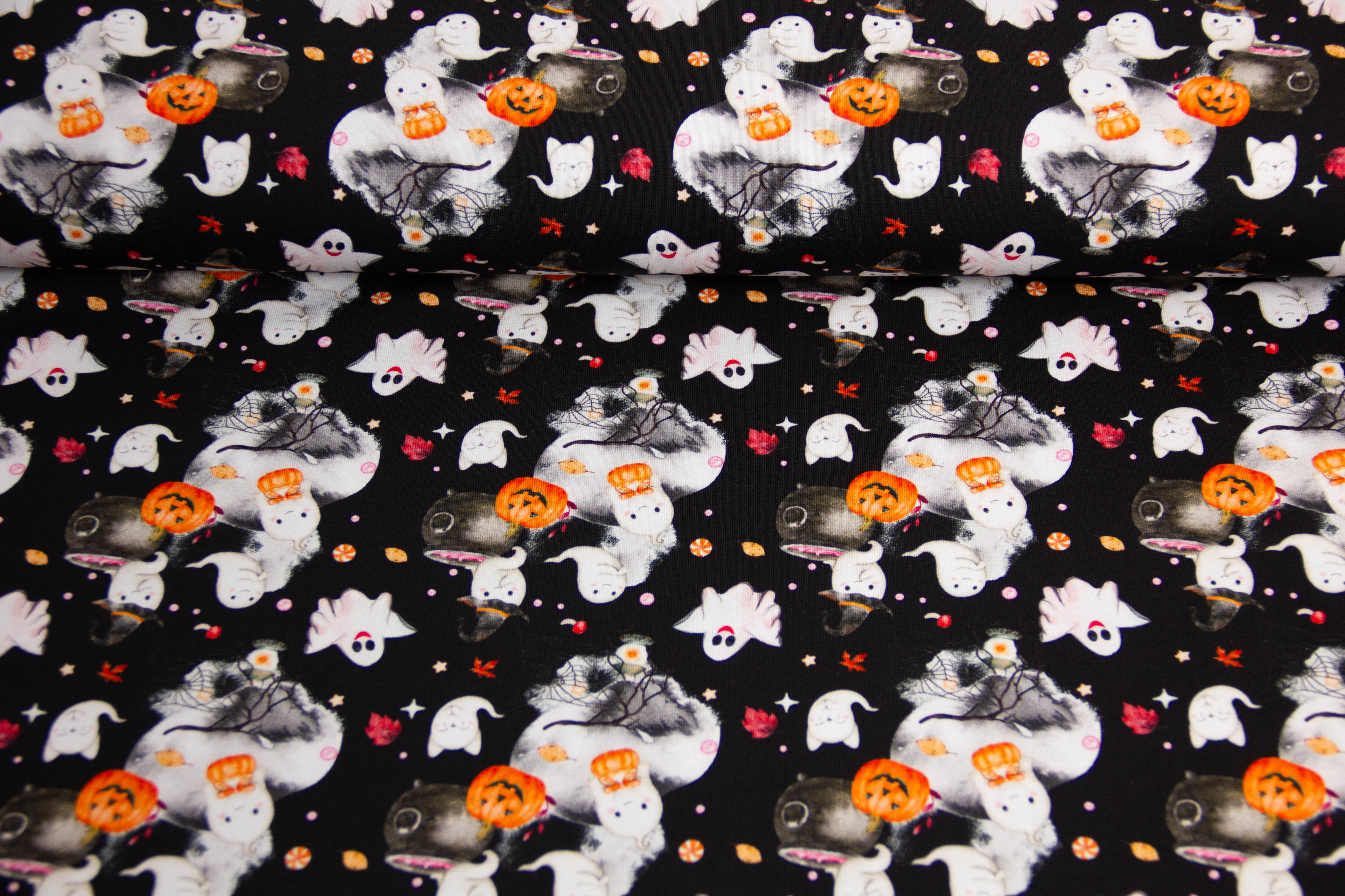 Stoffpaket French Terry + Bündchen mit Geistern und Kürbissen, Halloween, schwarz, senfgelb