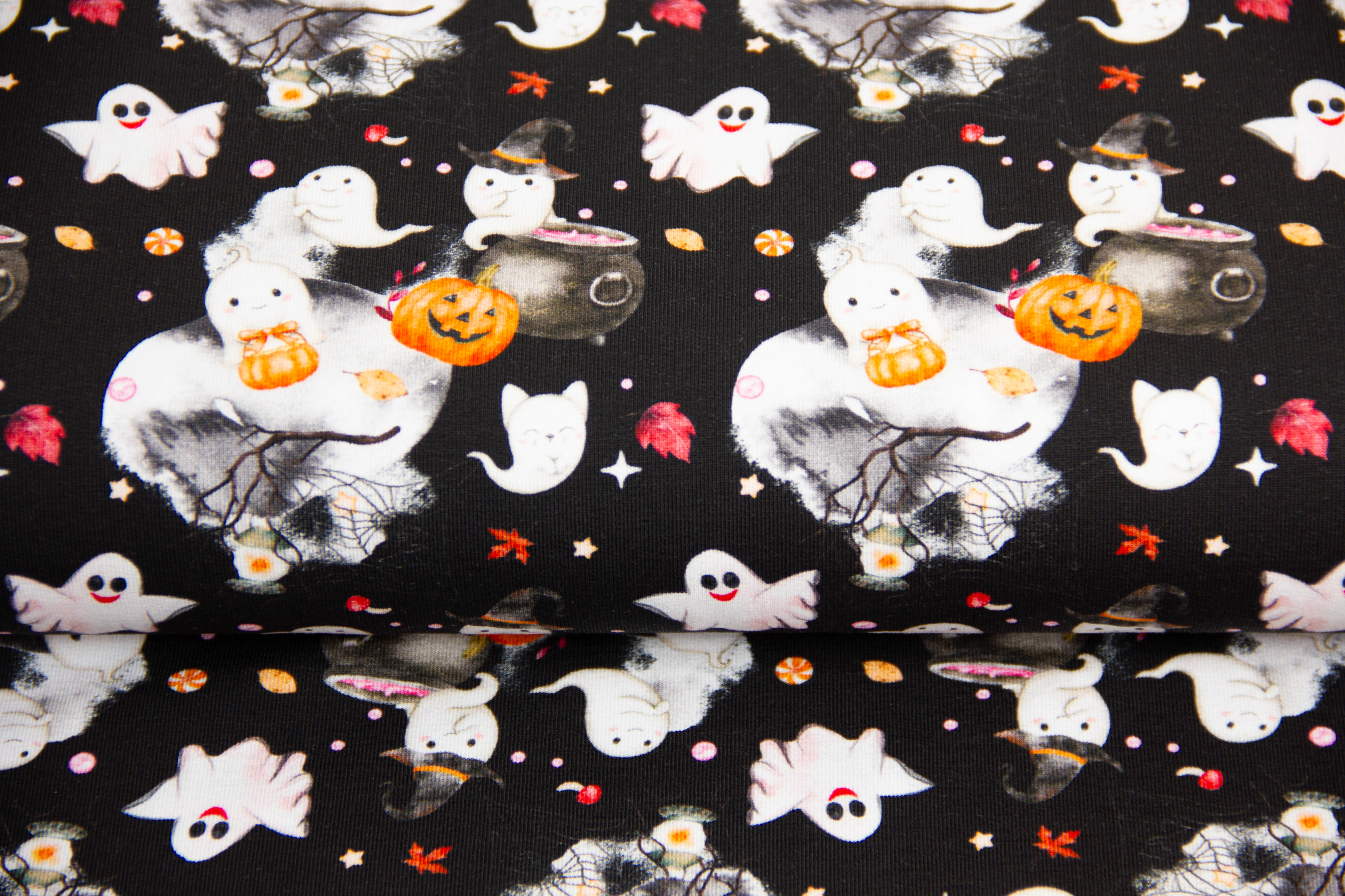 Stoffpaket French Terry + Bündchen mit Geistern und Kürbissen, Halloween, schwarz, senfgelb