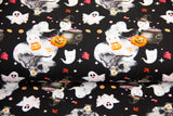 Stoffpaket French Terry + Bündchen mit Geistern und Kürbissen, Halloween, schwarz, senfgelb