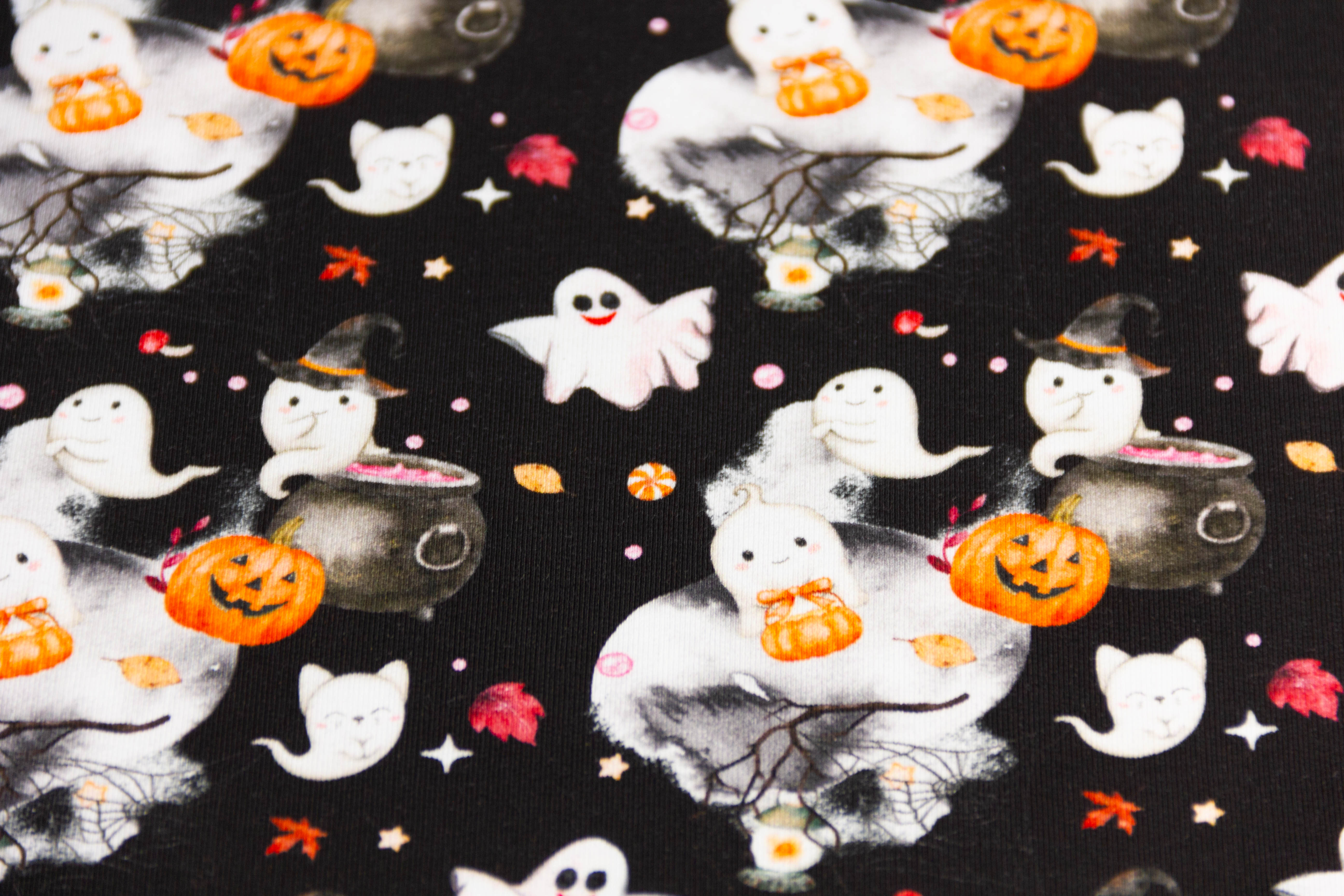 Stoffpaket French Terry + Bündchen mit Geistern und Kürbissen, Halloween, schwarz, senfgelb