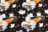 Stoffpaket French Terry + Bündchen mit Geistern und Kürbissen, Halloween, schwarz, senfgelb