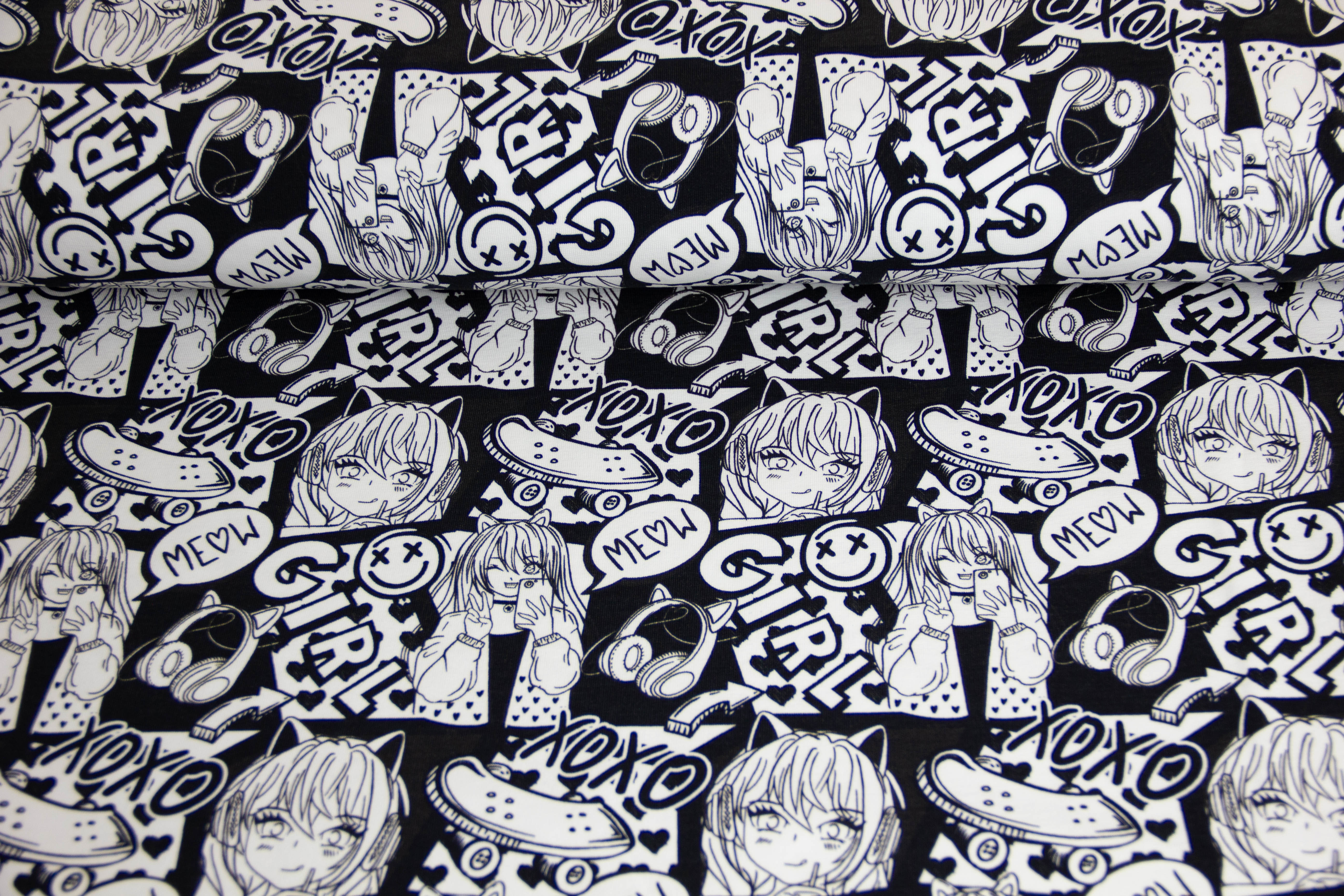 French Terry Manga, Girls, Fräulein von Julie, FVJ-4352, schwarz, weiß, 0,5 m