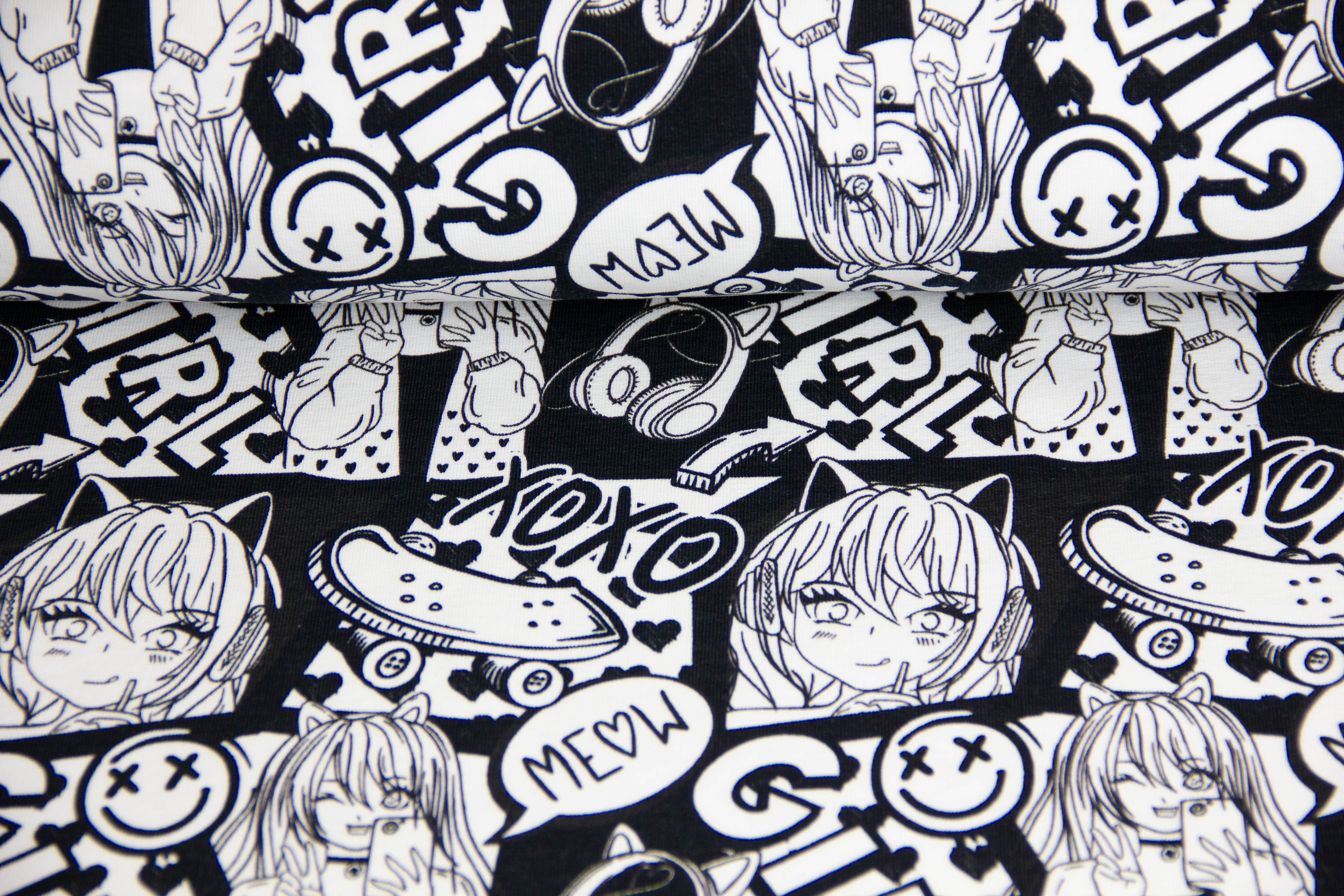 French Terry Manga, Girls, Fräulein von Julie, FVJ-4352, schwarz, weiß, 0,5 m