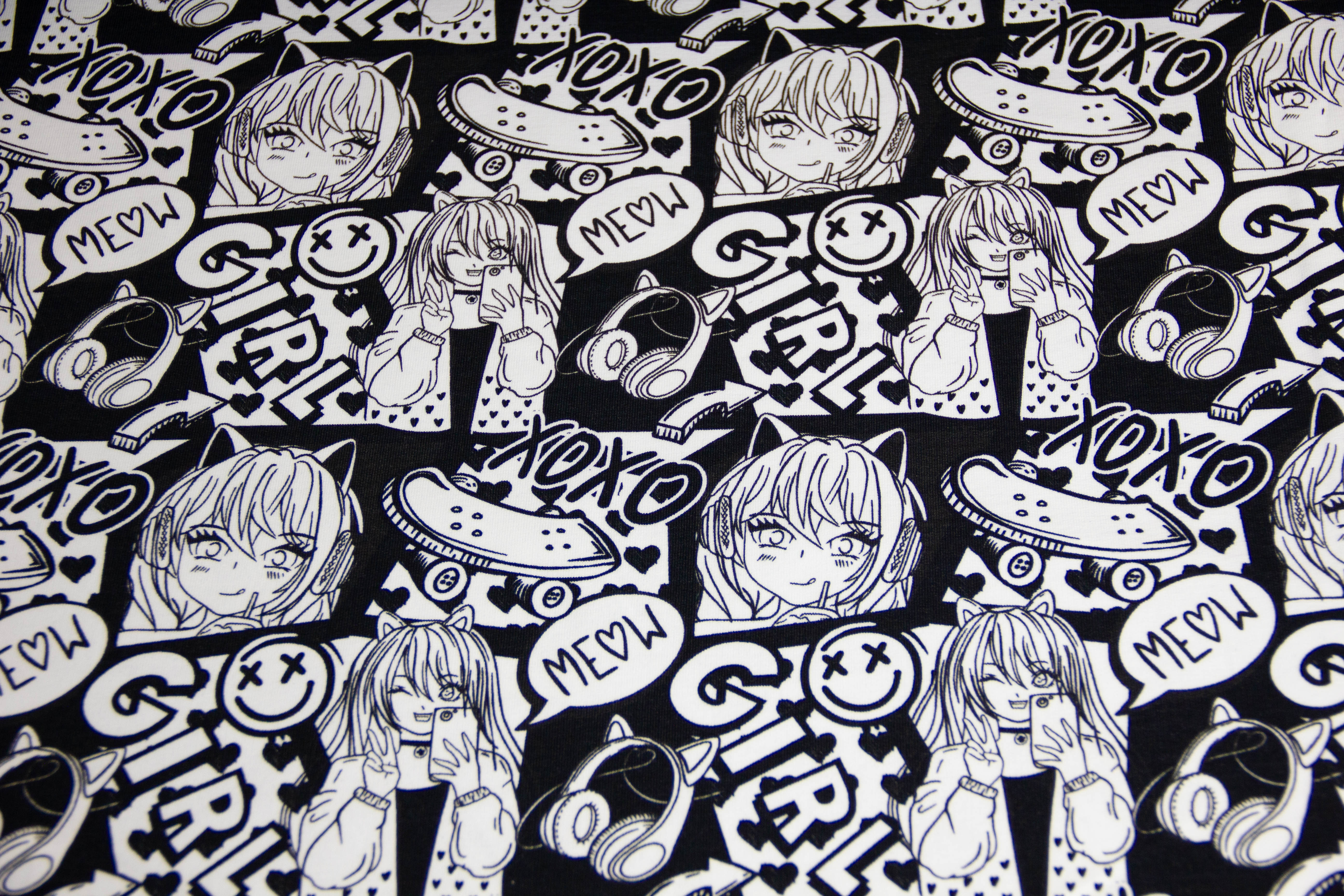 French Terry Manga, Girls, Fräulein von Julie, FVJ-4352, schwarz, weiß, 0,5 m