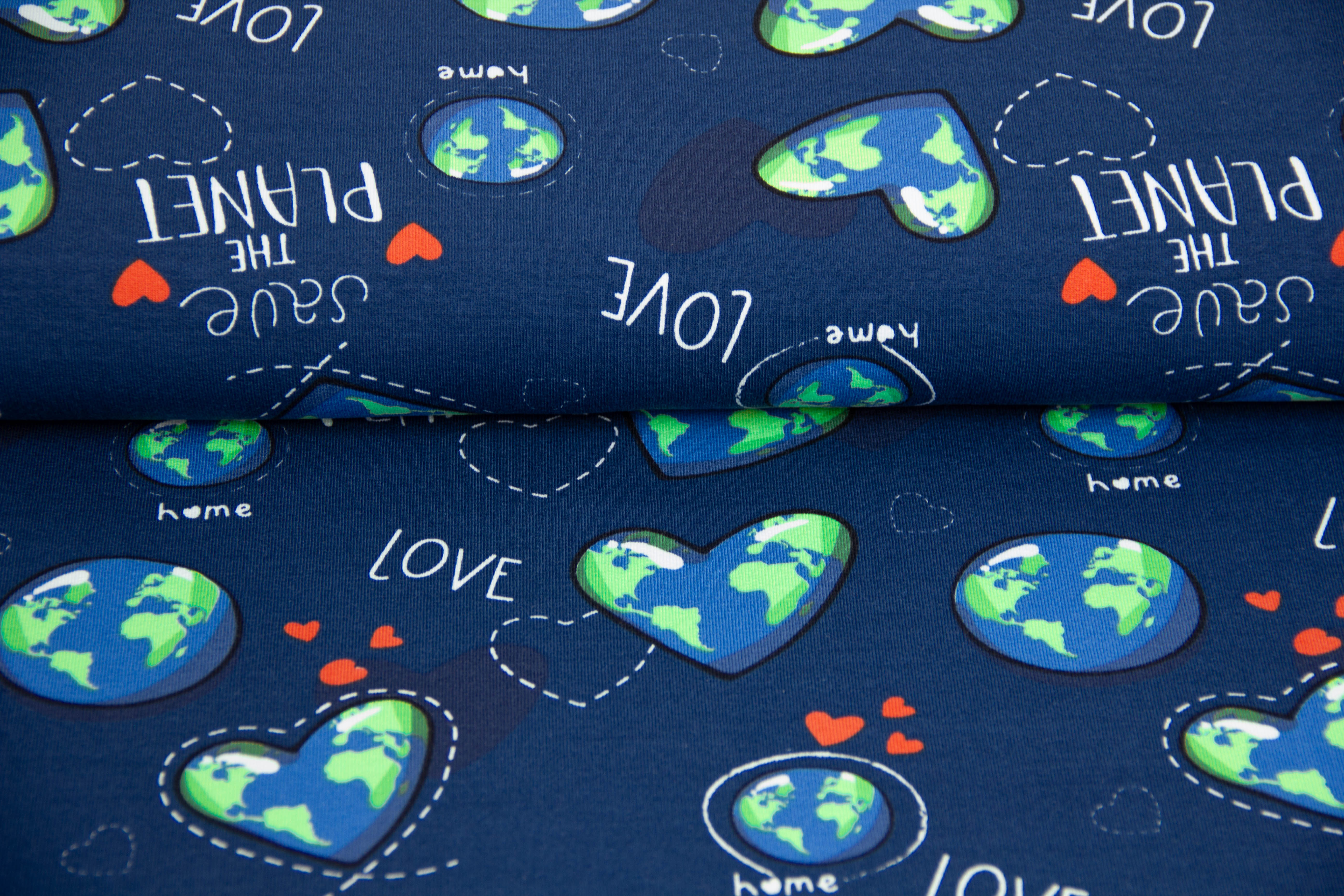 French Terry + Bündchen "Save the Planet", blau, weiß