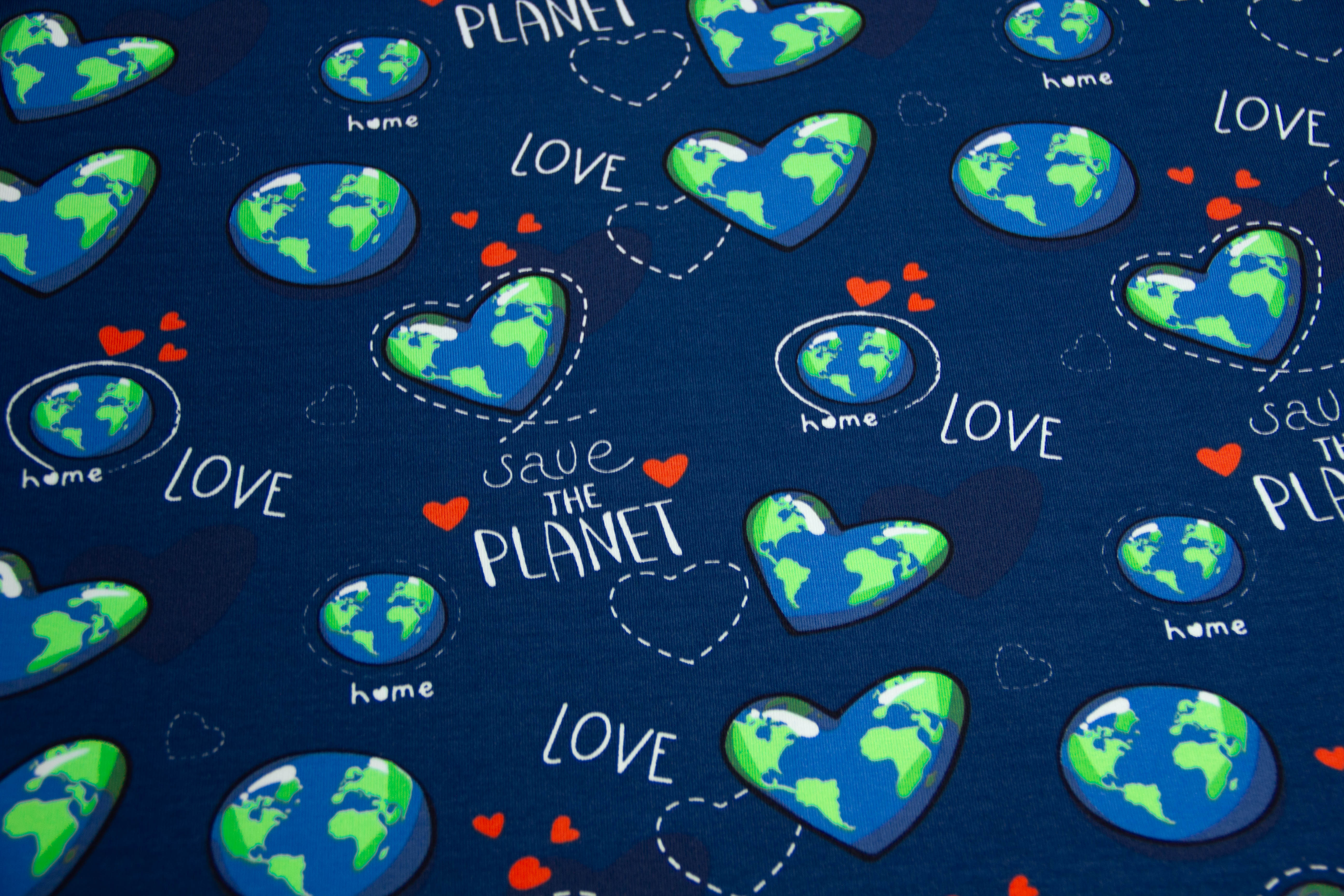 French Terry + Bündchen "Save the Planet", blau, weiß
