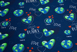 French Terry + Bündchen "Save the Planet", blau, weiß