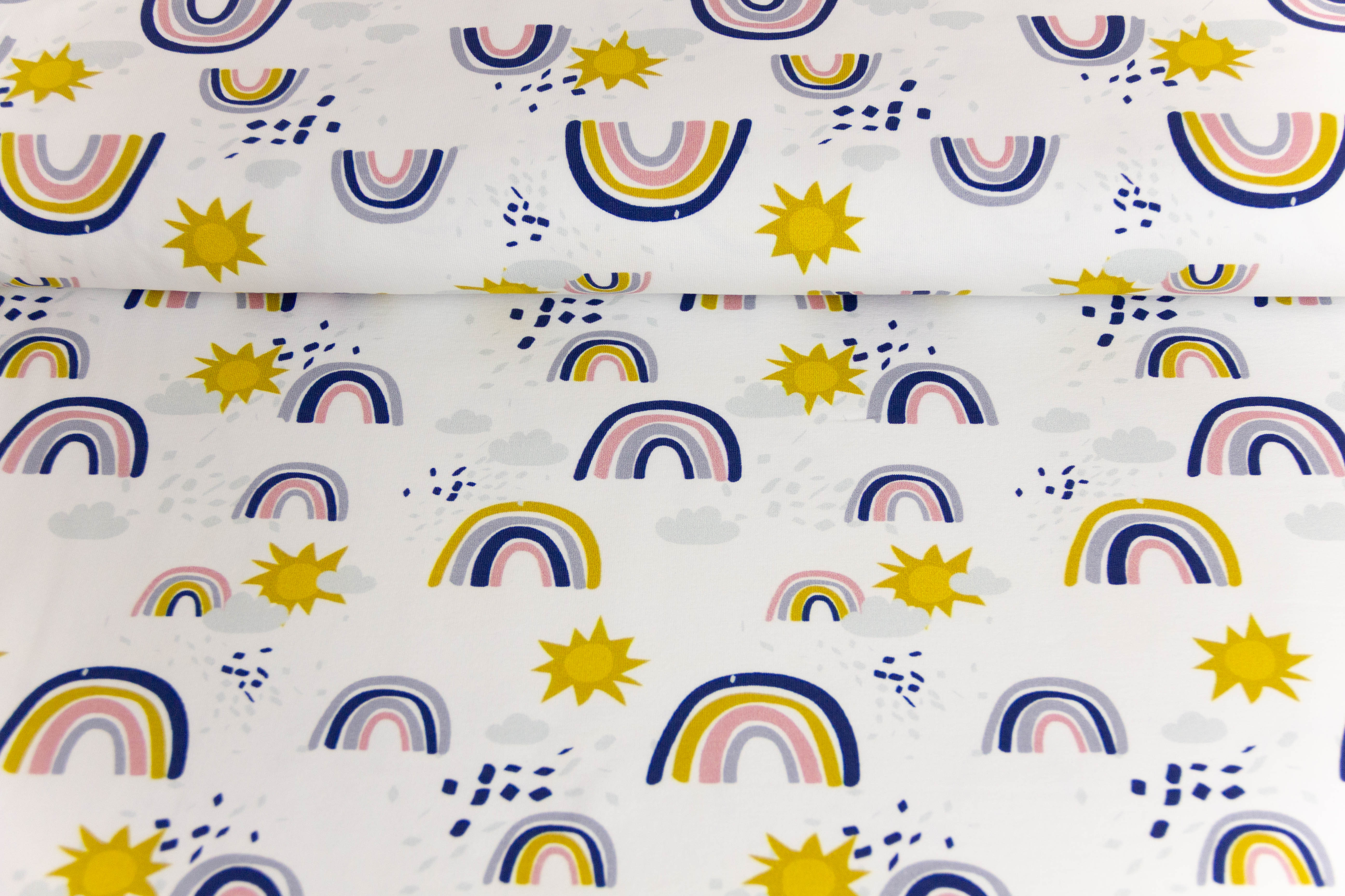Stoffpaket French Terry + Bündchen French Terry mit Regenbogen und Sonne, Fräulein von Julie, ecru, blau