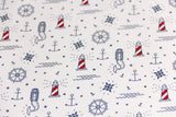 Stoffpaket French Terry + Bündchen maritim, mit Leuchttürmen, weiß, marine