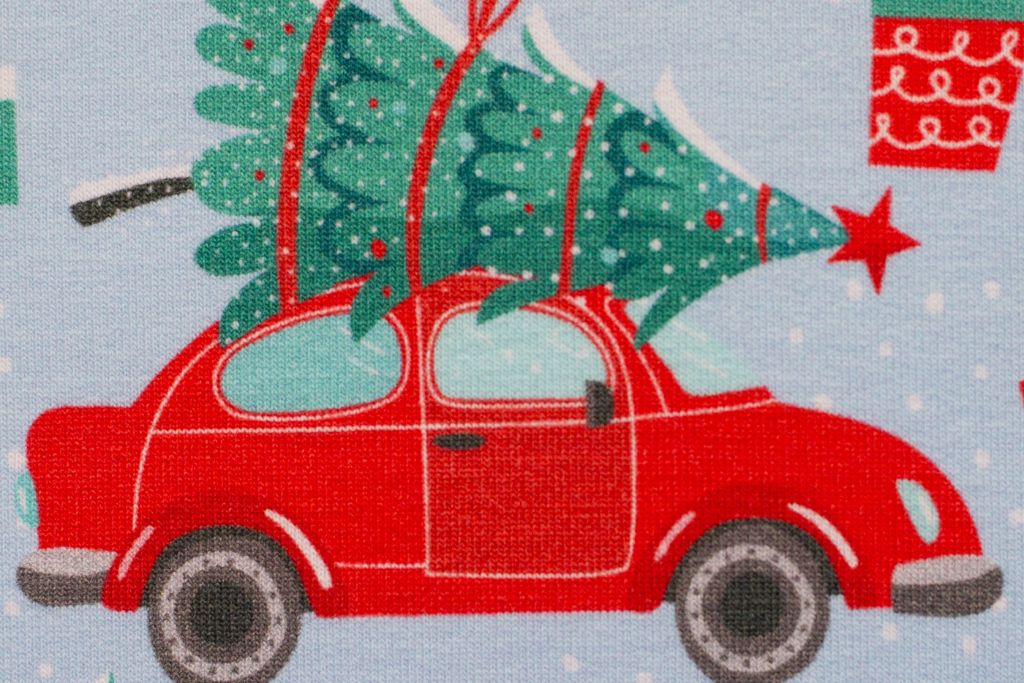Sweat "Holly" mit Autos und Tannenbäumen, Weihnachten, angeraut, hellblau, 0,5 m