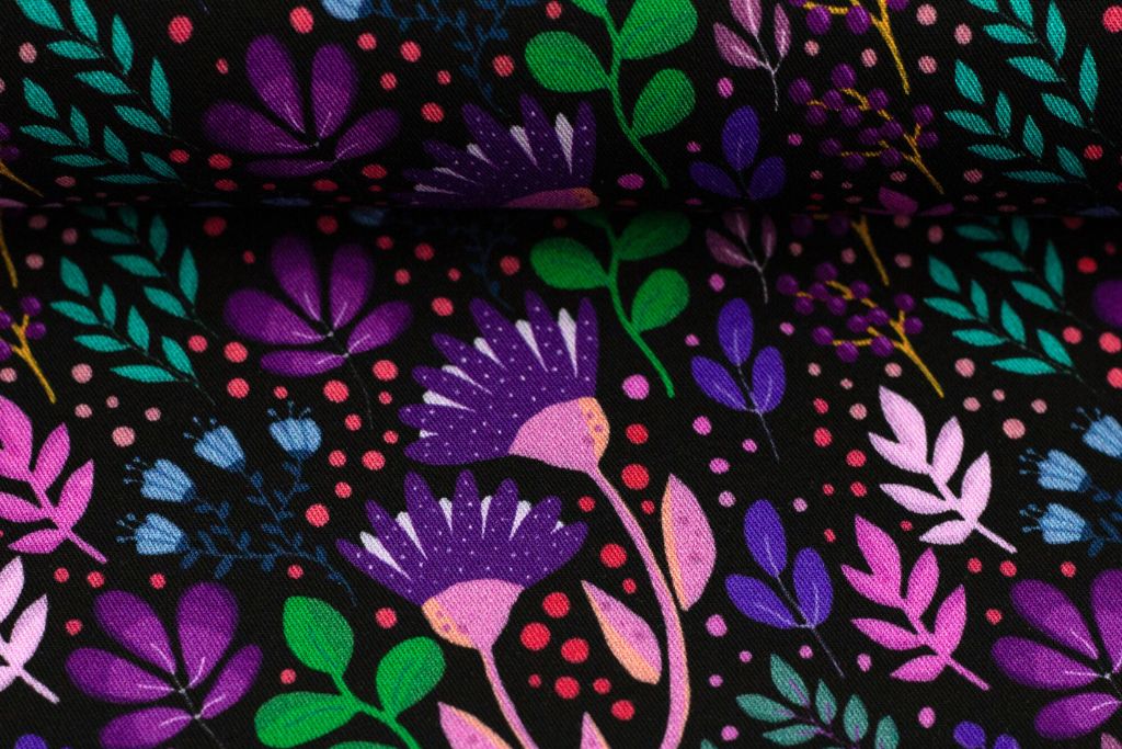 Viskose Webware, "In full bloom" by Emjo-Design, Swafing, Blumen, schwarz, 0,5 m