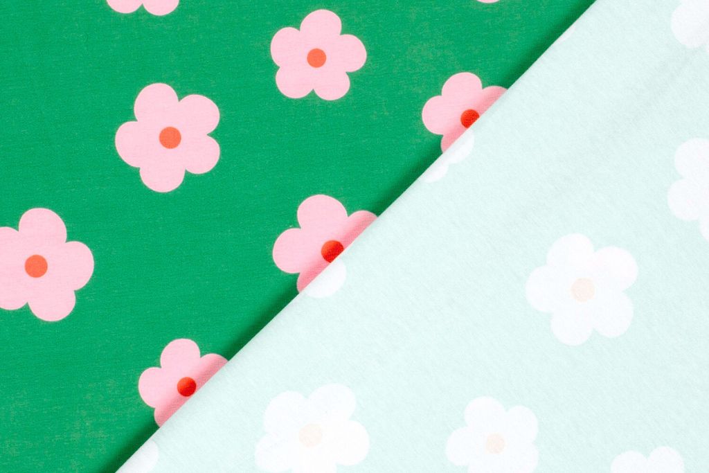Jersey mit Blumen, grün, rosa, 0,5 m
