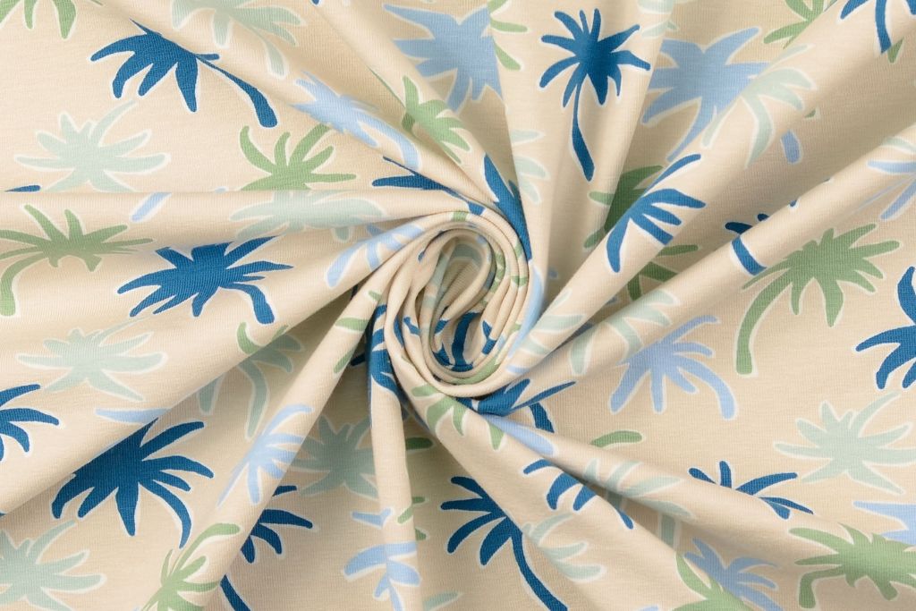 Stoffpaket Jersey + Bündchen Jersey mit Palmen, natur, altmint