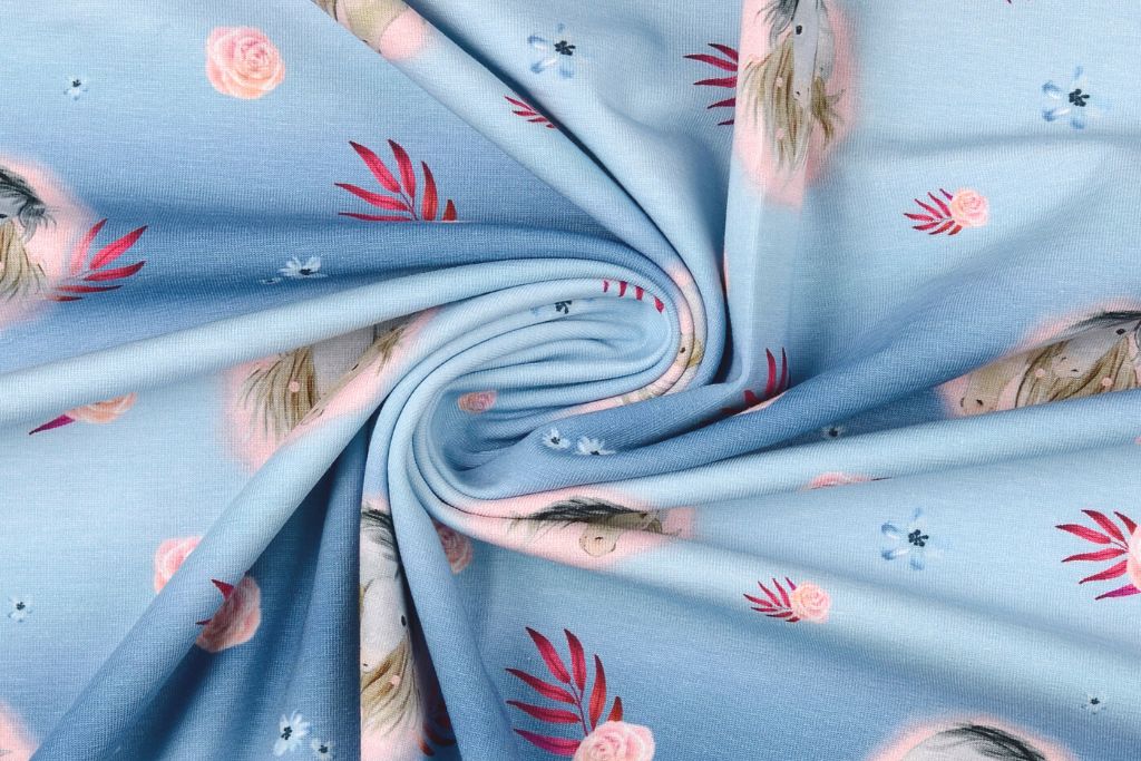 Stoffpaket Jersey + Bündchen mit Pferden, blau, pink