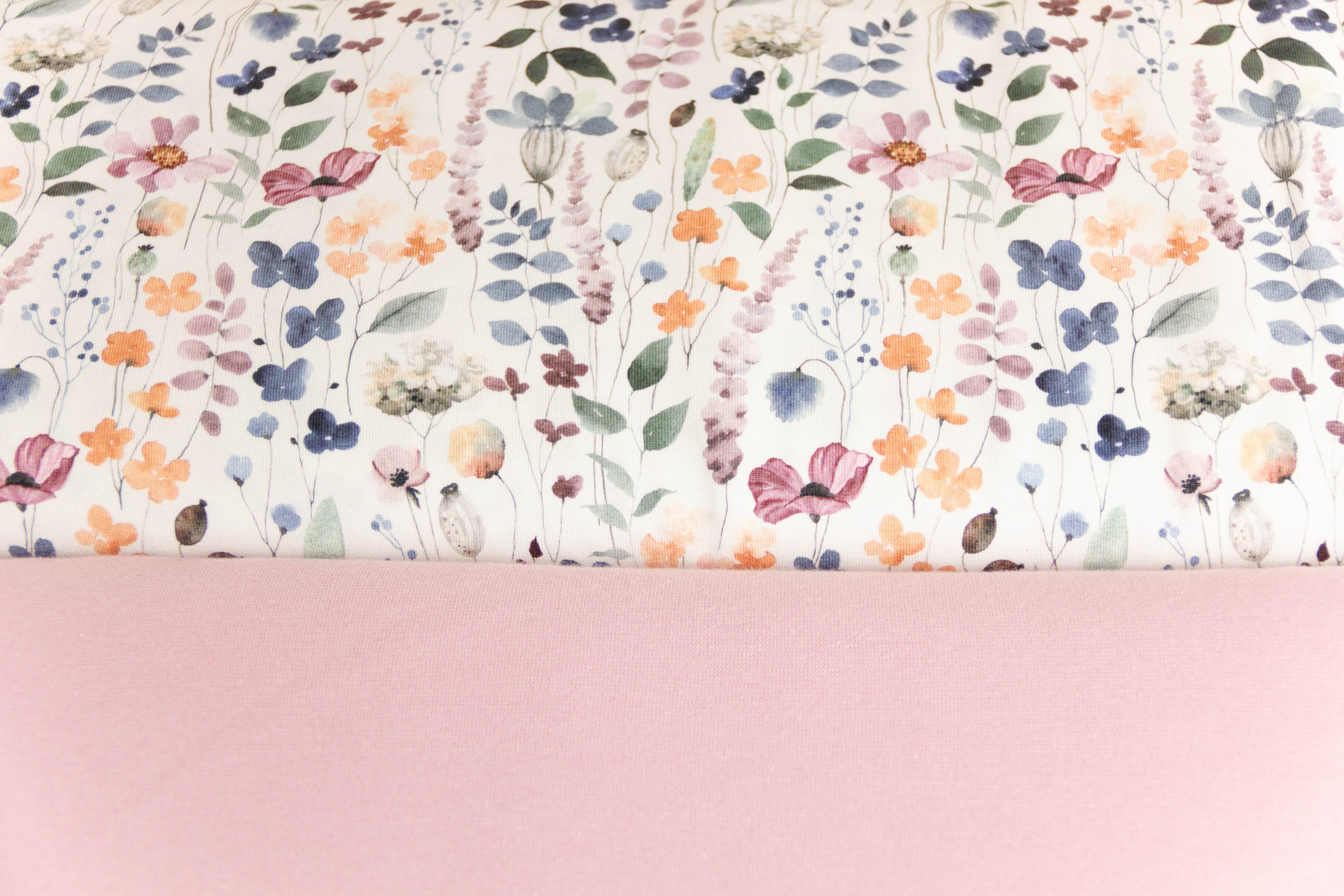 Stoffpaket Jersey + Bündchen Jersey mit Sommerblumen, Fräulein von Julie, ecru, rosa
