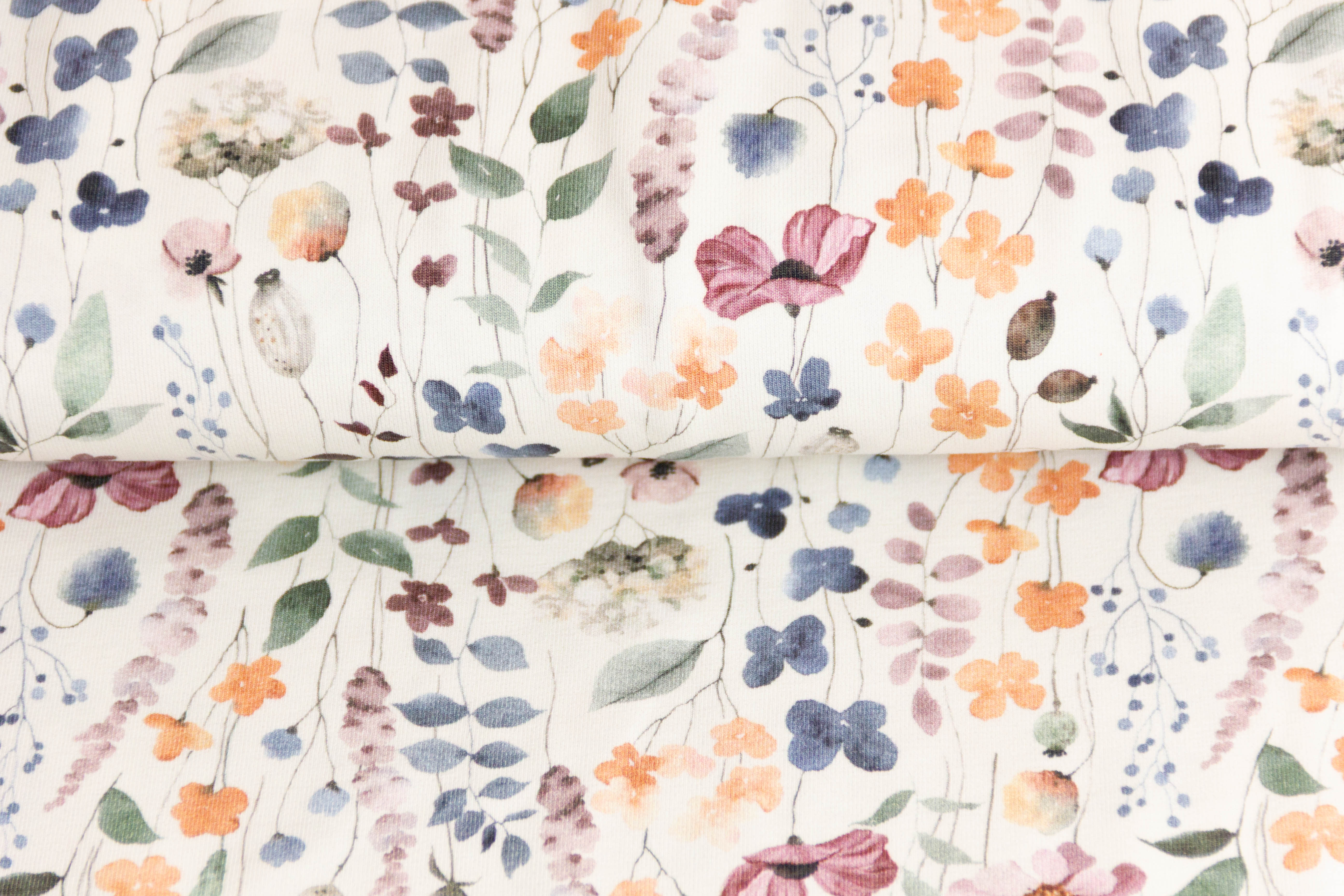 Stoffpaket Jersey + Bündchen Jersey mit Sommerblumen, Fräulein von Julie, ecru, rosa