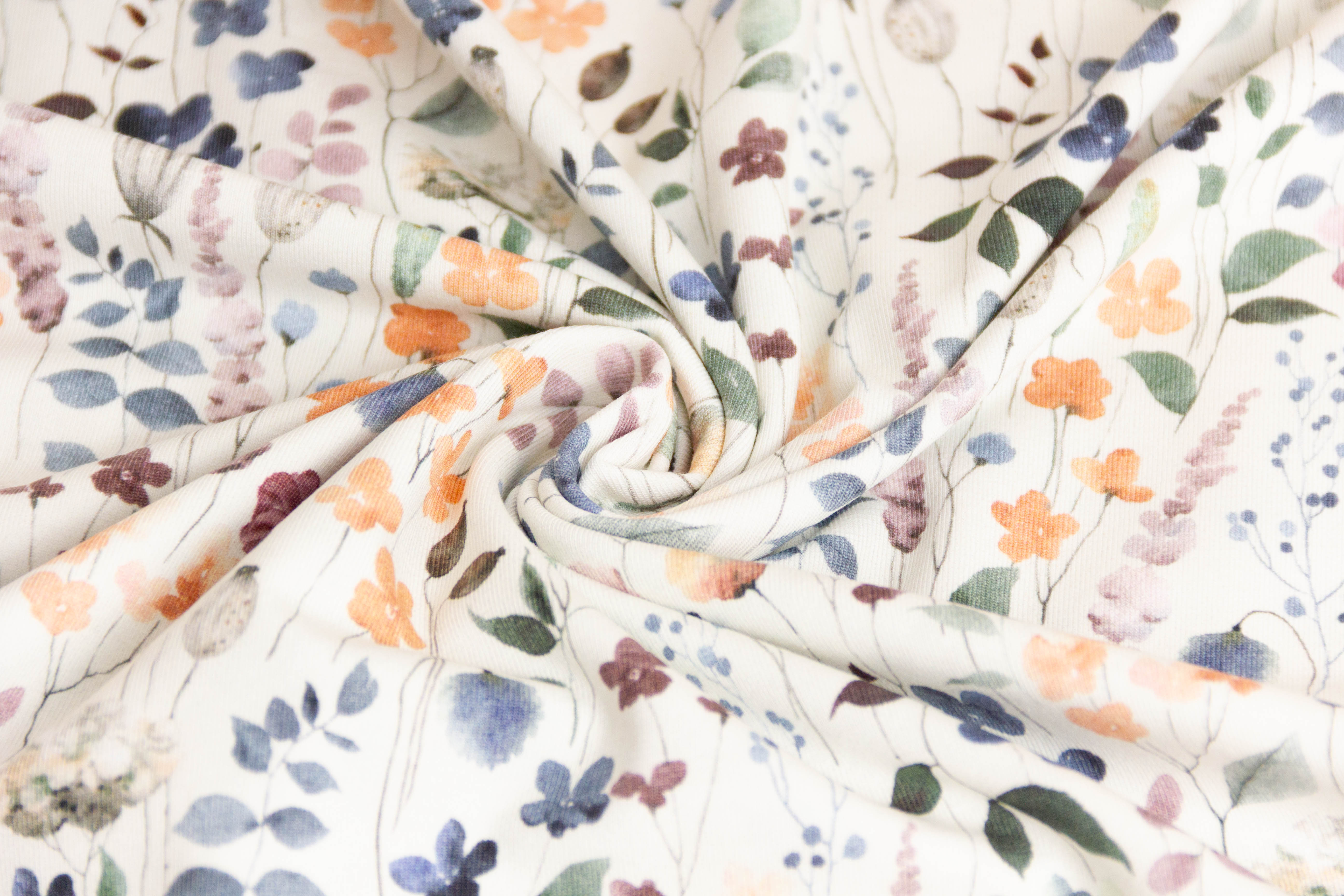 Stoffpaket Jersey + Bündchen Jersey mit Sommerblumen, Fräulein von Julie, ecru, rosa