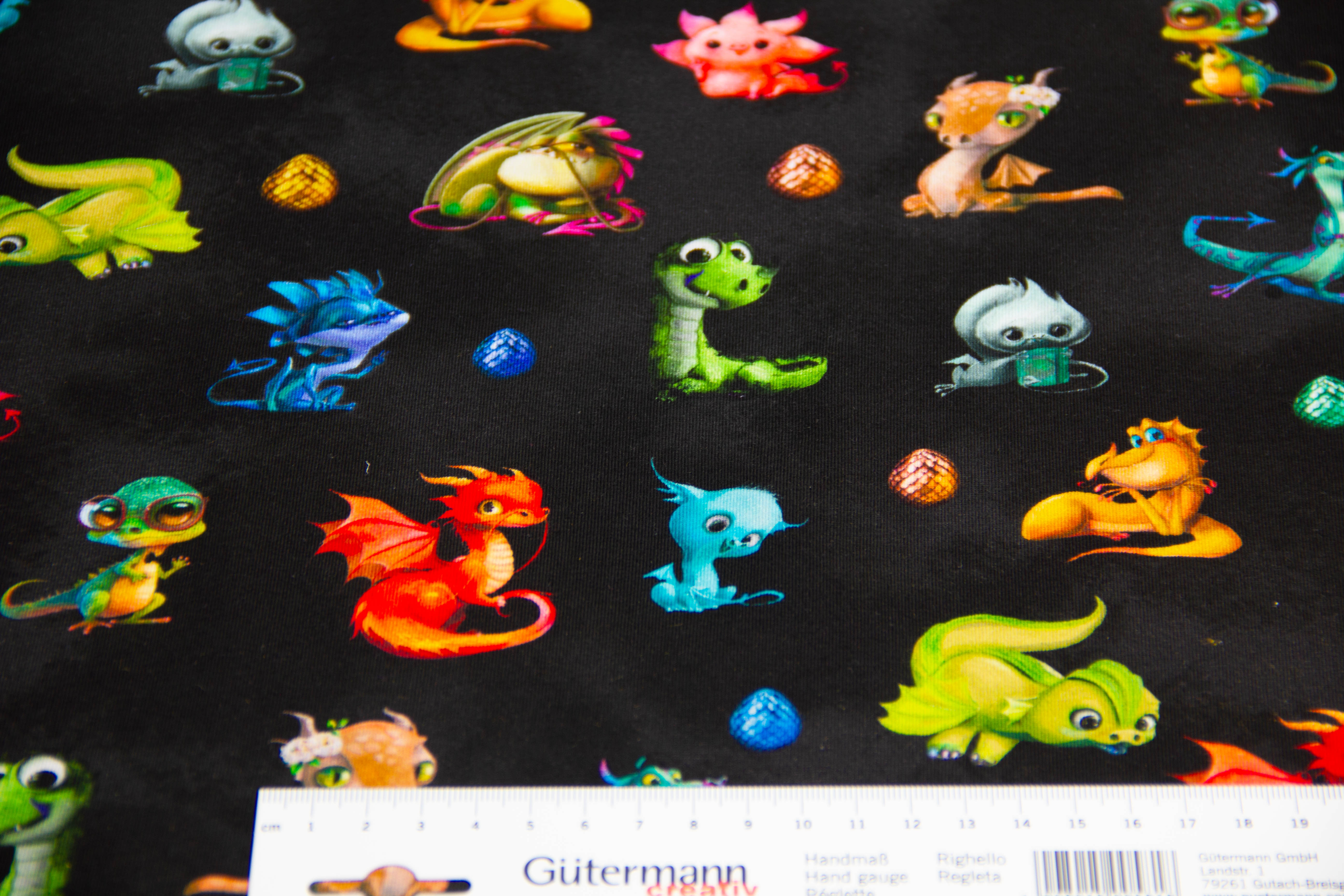 Stoffpaket Jersey + Bündchen, Oekotex, Drachen, schwarz, aqua