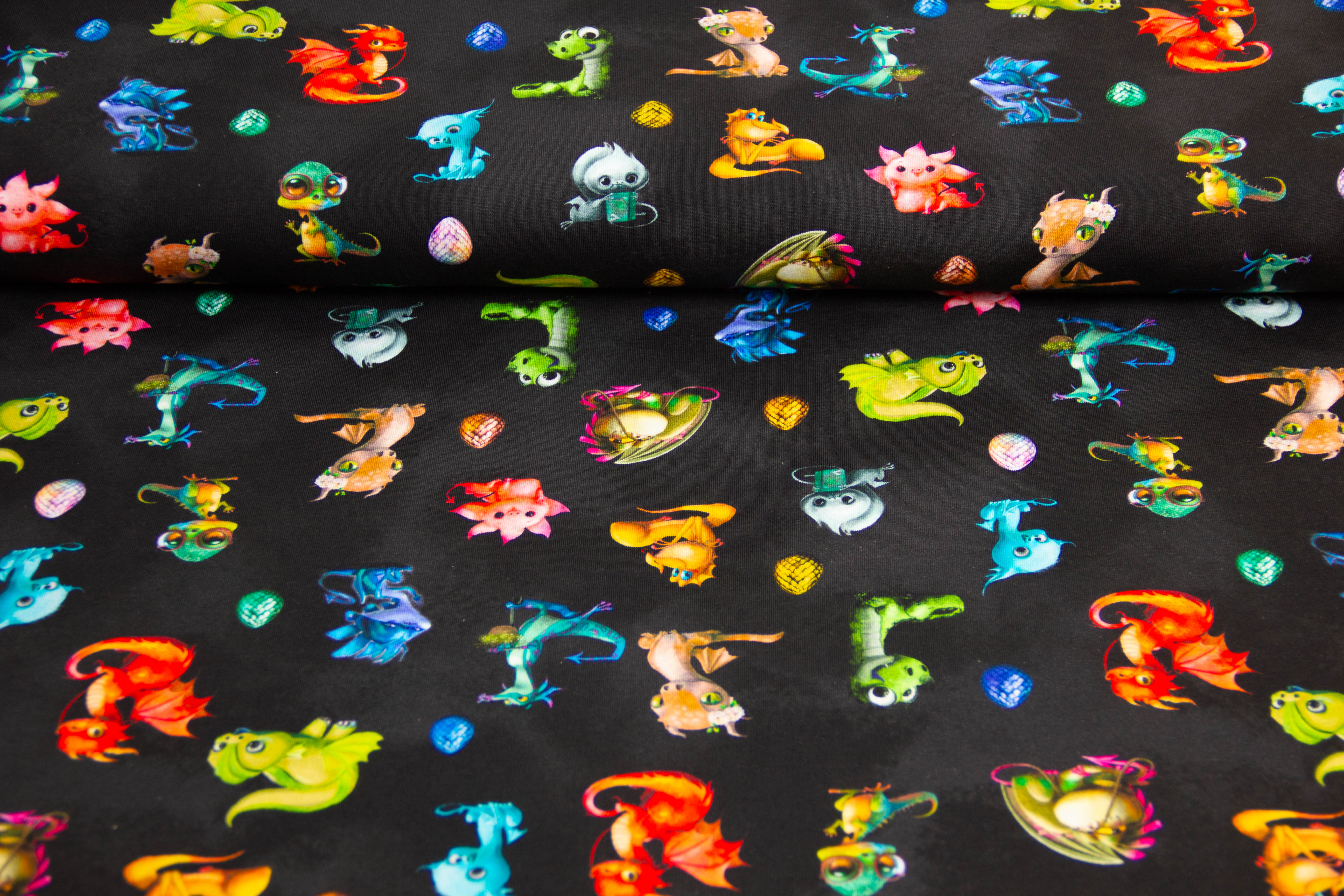 Stoffpaket Jersey + Bündchen, Oekotex, Drachen, schwarz, aqua
