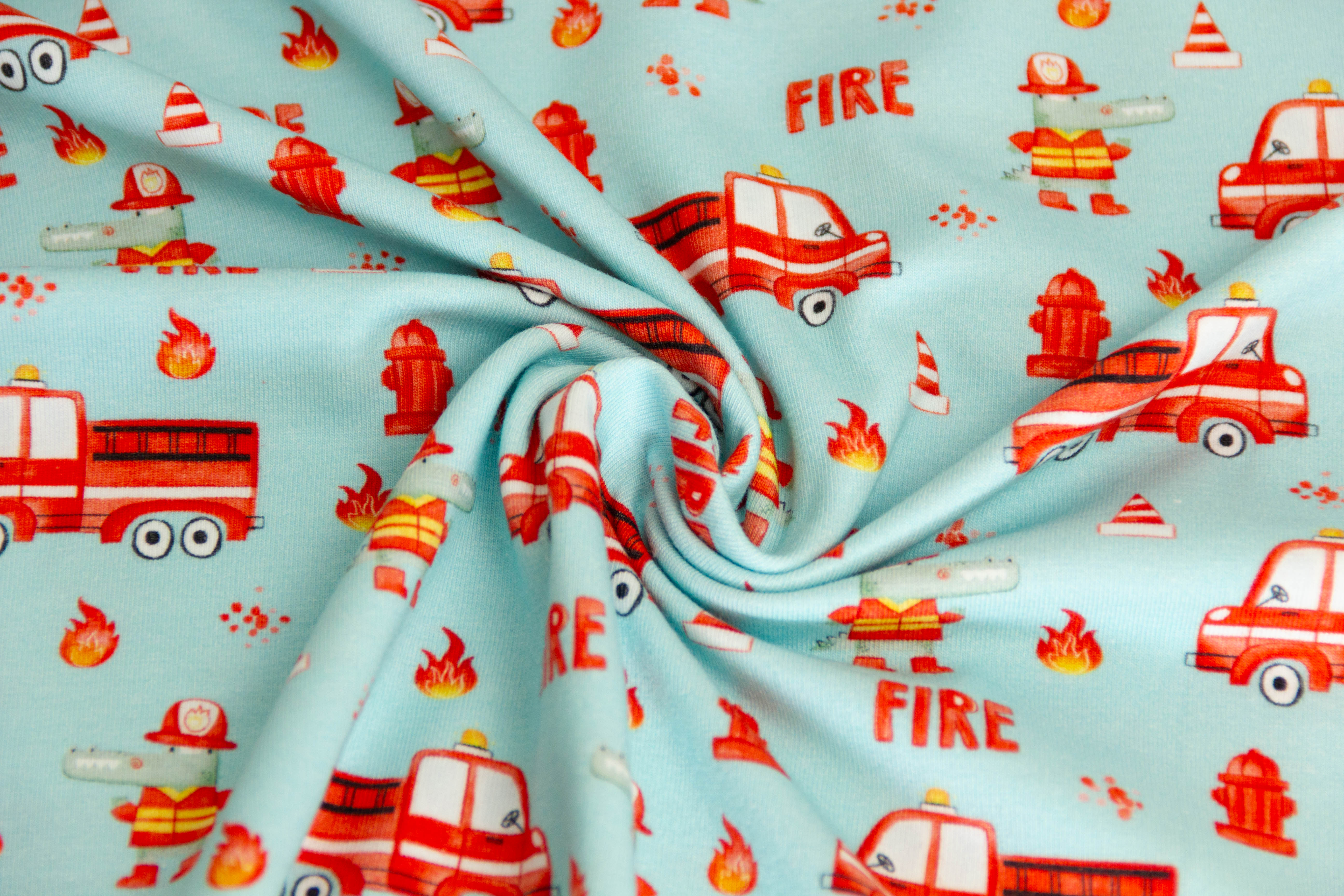 Stoffpaket Jersey + Bündchen Feuerwehr mit Krokodilen, hellmint, rot