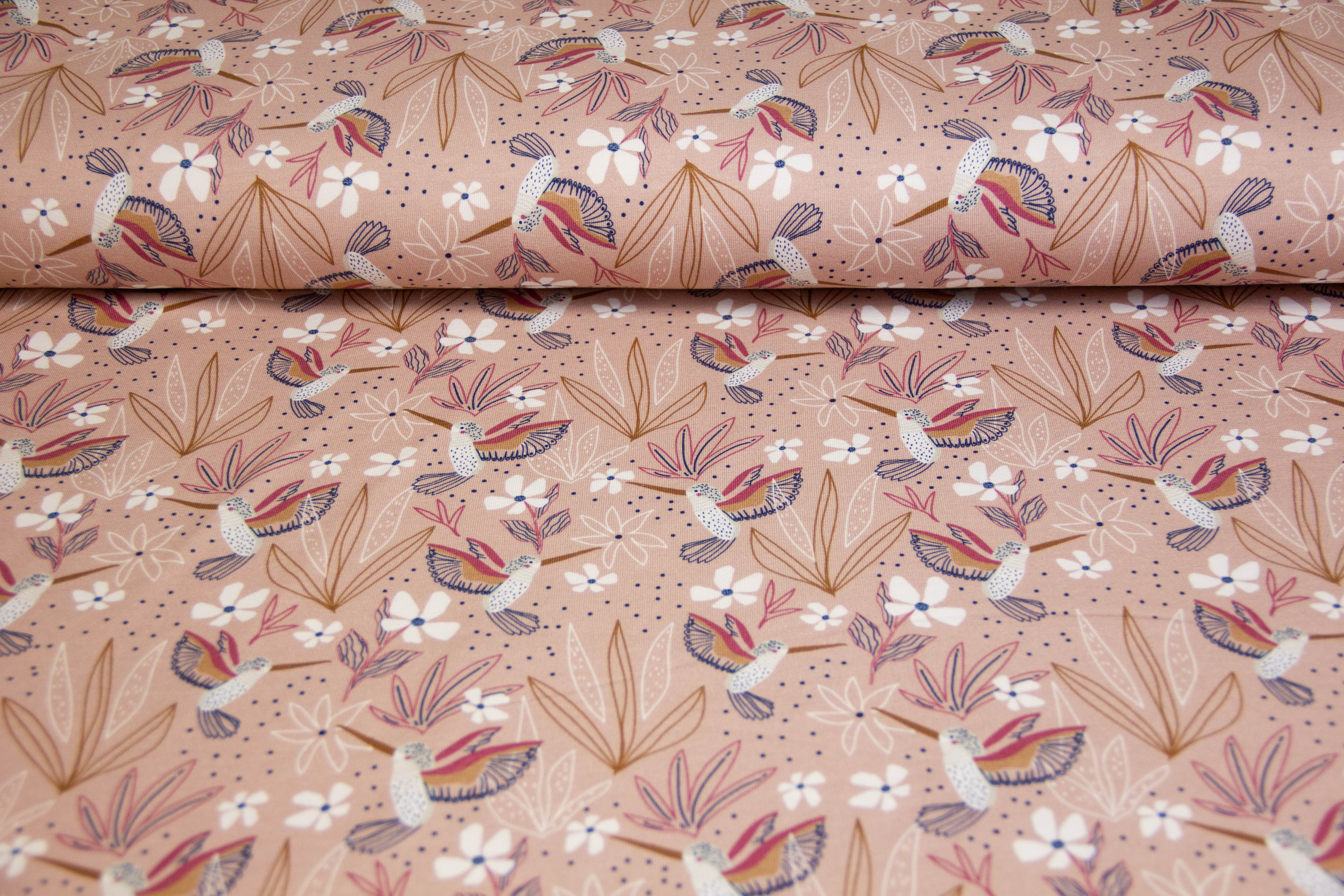 Jersey mit Kolibris und Blumen, altrosa, 0,5 m
