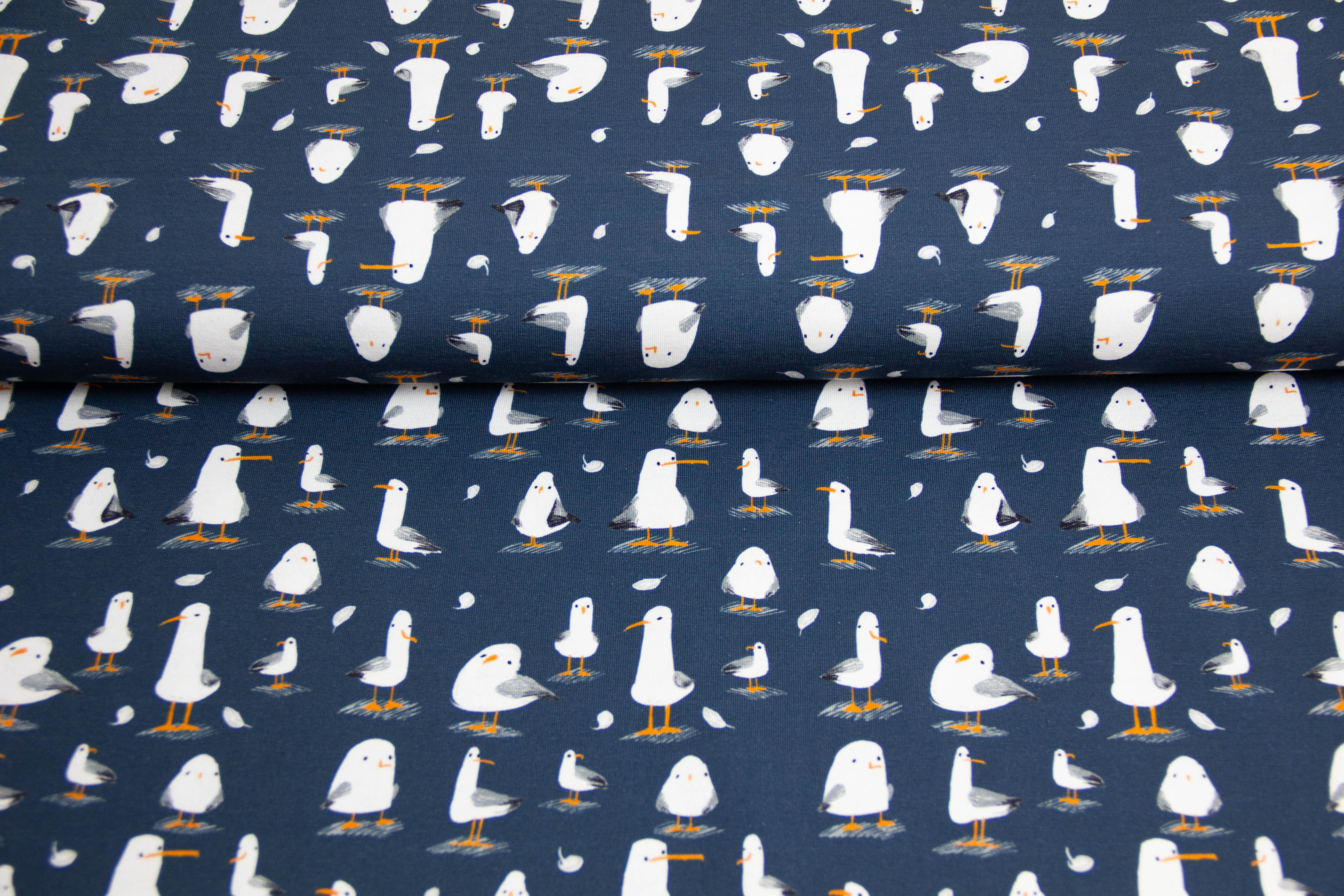 Restmenge 1,30 Meter Jersey mit Möwen, maritim, dunkelblau, Fräulein von Julie
