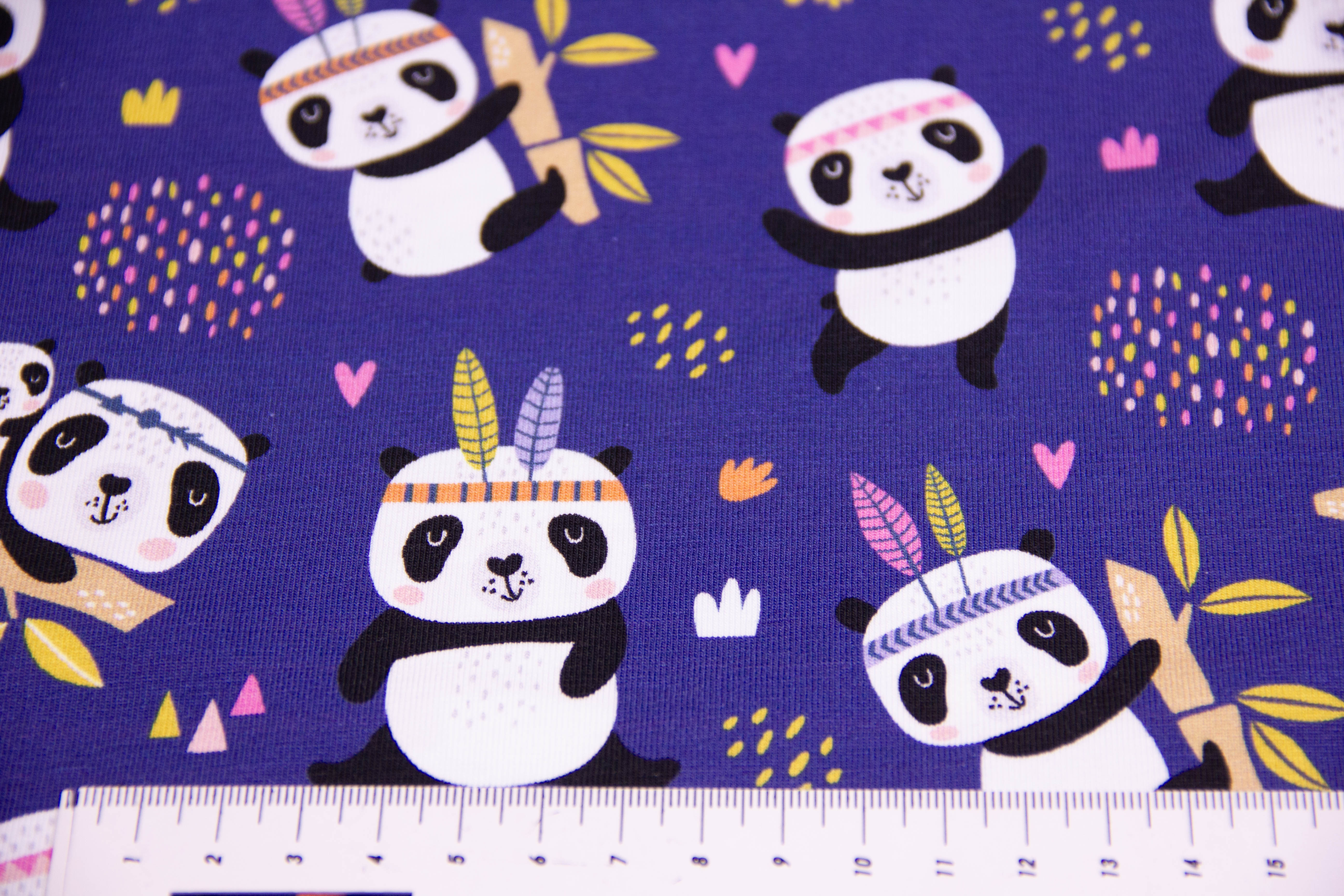 Stoffpaket Jersey + Bündchen mit Pandas, blau, beere