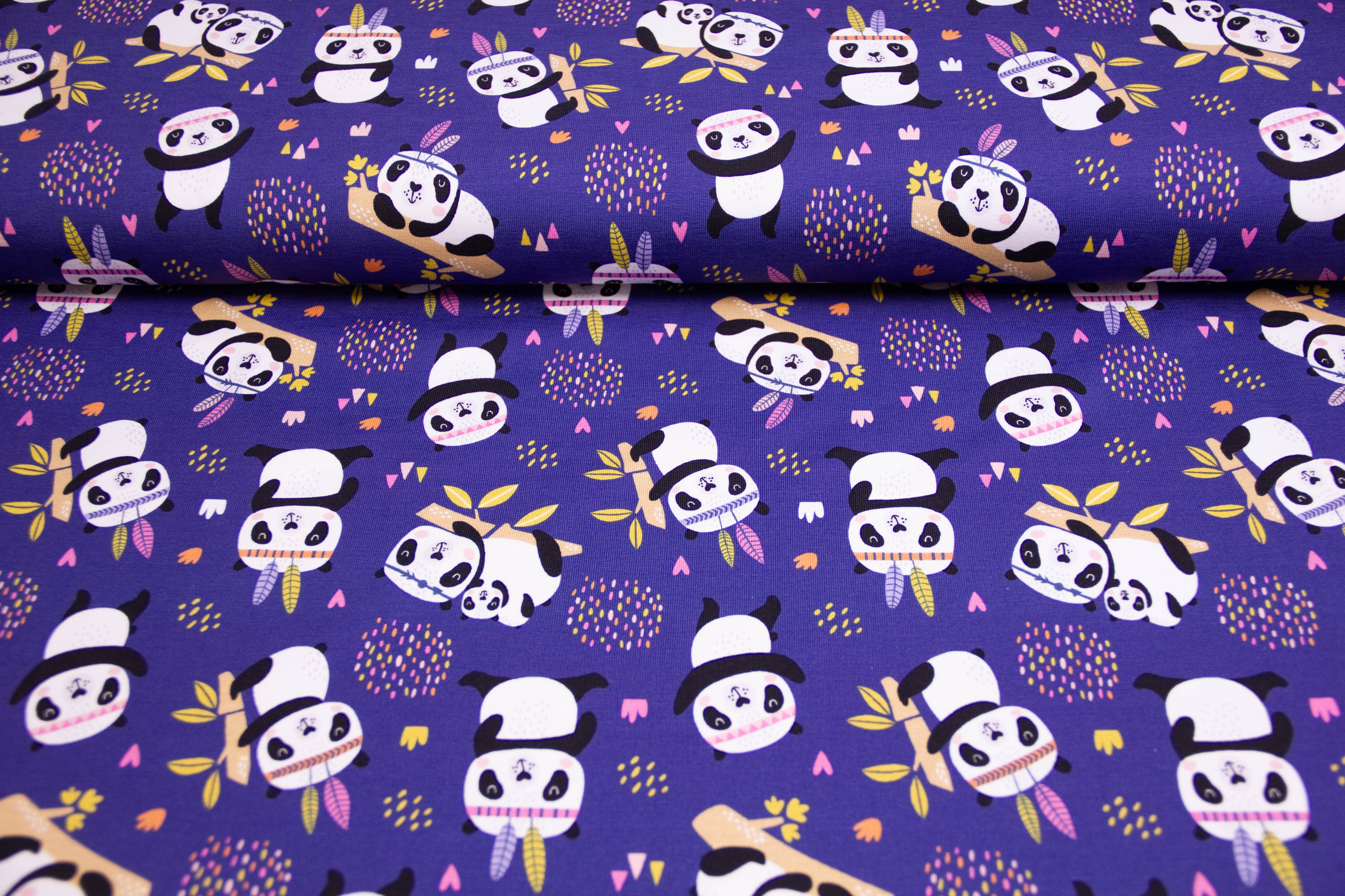 Stoffpaket Jersey + Bündchen mit Pandas, blau, beere