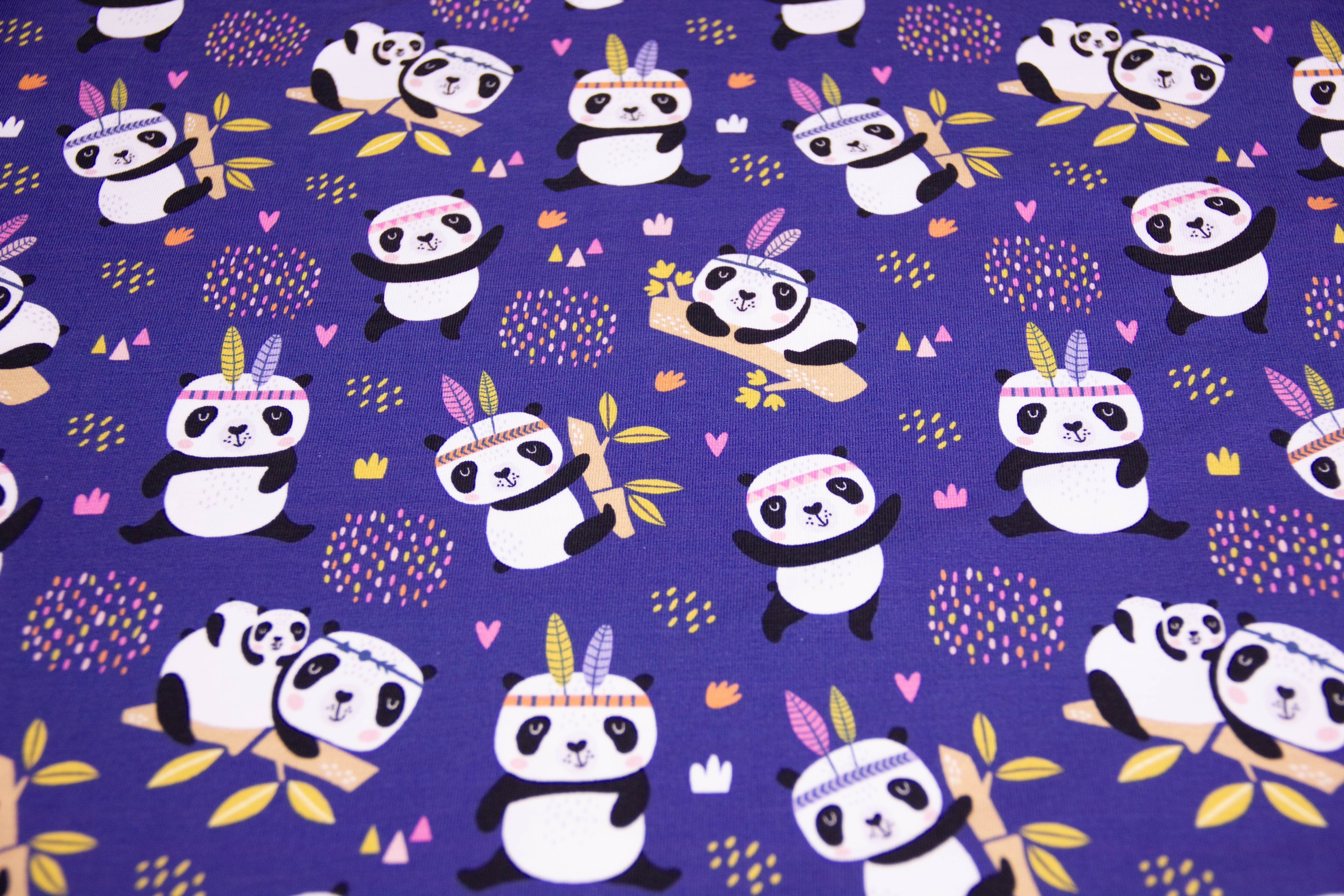 Stoffpaket Jersey + Bündchen mit Pandas, blau, goldgelb
